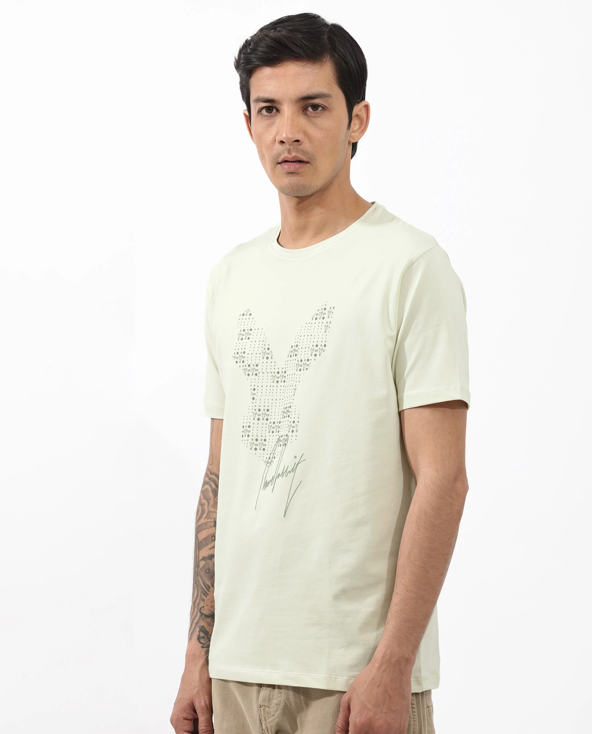 Rare Rabbit Articale Mens Larry Pastel Green Cotton Fabric Short Sleeve Crew Neck Regular Fit Printed T-Shirt - Image 3