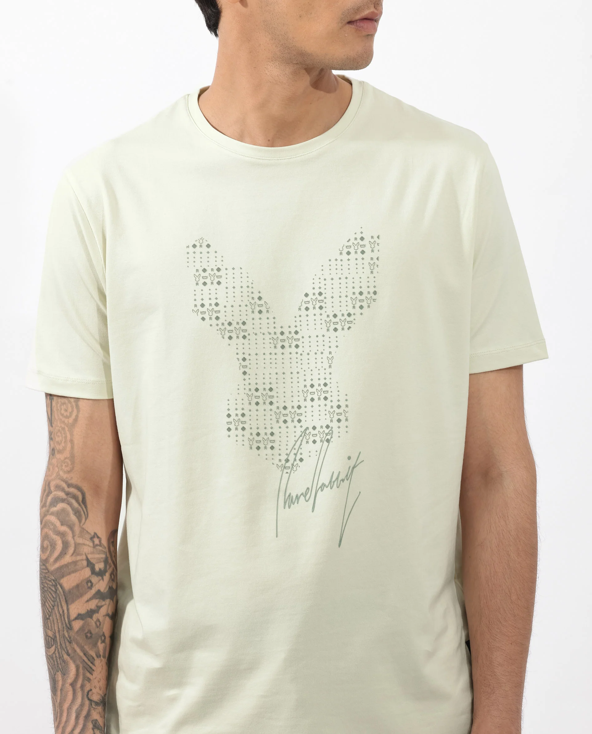 Rare Rabbit Articale Mens Larry Pastel Green Cotton Fabric Short Sleeve Crew Neck Regular Fit Printed T-Shirt - Image 4