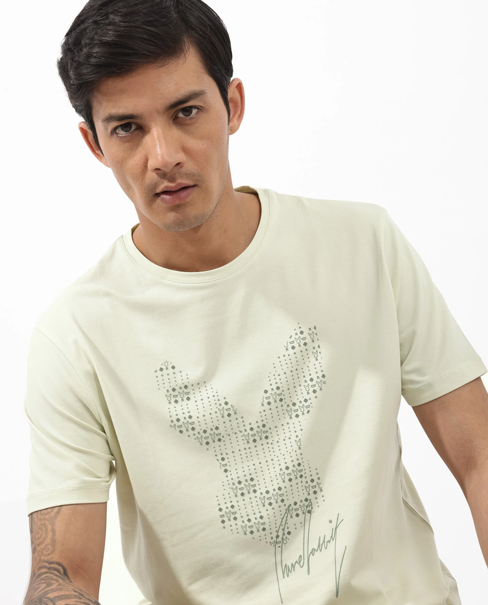 Rare Rabbit Articale Mens Larry Pastel Green Cotton Fabric Short Sleeve Crew Neck Regular Fit Printed T-Shirt - Image 5