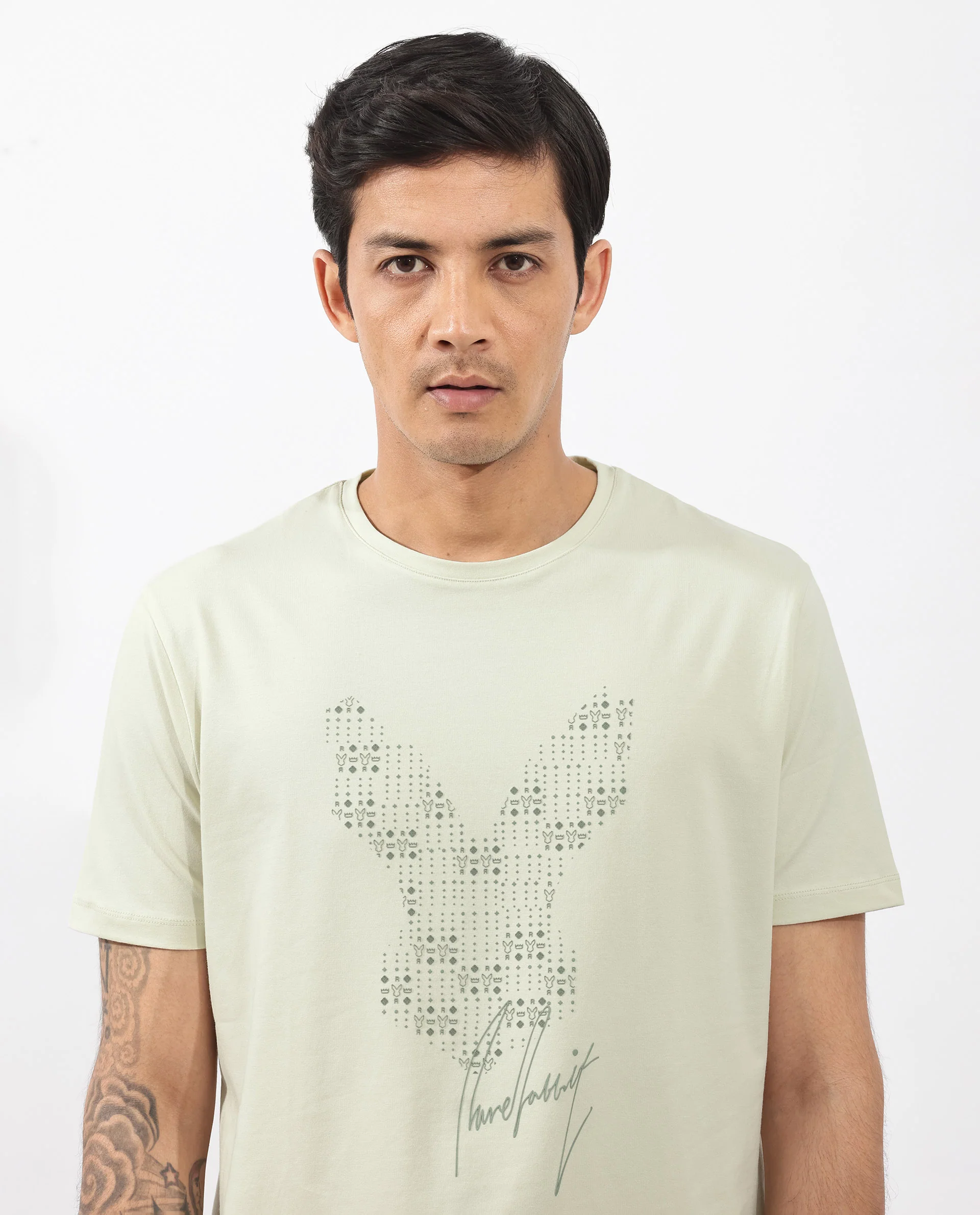 Rare Rabbit Articale Mens Larry Pastel Green Cotton Fabric Short Sleeve Crew Neck Regular Fit Printed T-Shirt - Image 6
