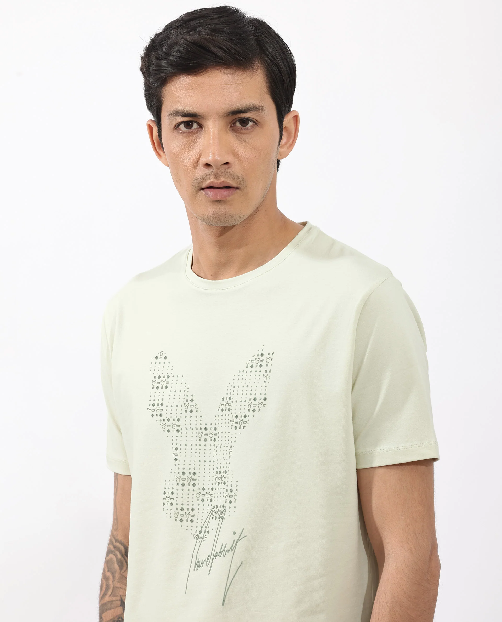 Rare Rabbit Articale Mens Larry Pastel Green Cotton Fabric Short Sleeve Crew Neck Regular Fit Printed T-Shirt - Image 8