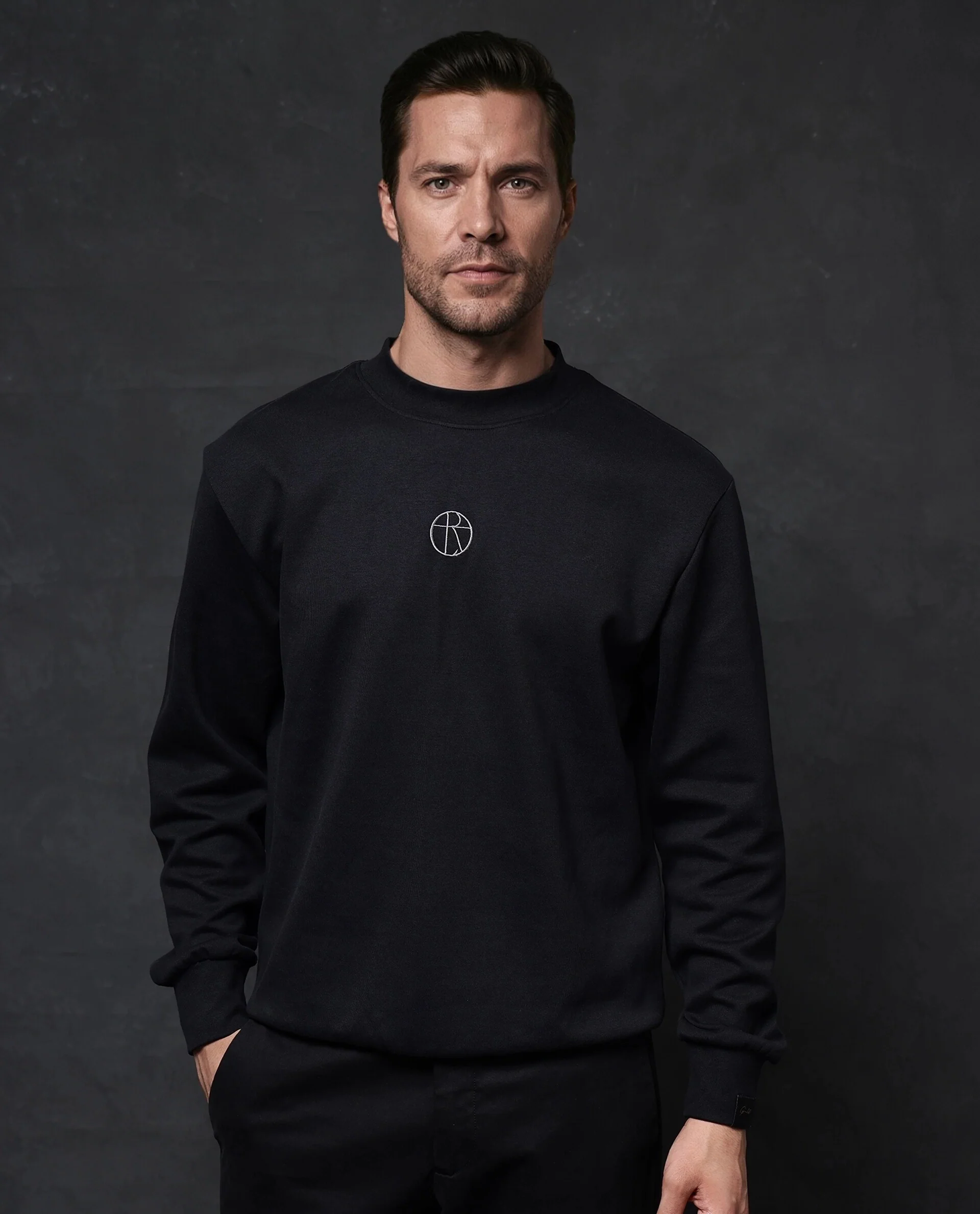 Rare Rabbit Men's Lars Black Cotton Embroidered Regular Fit Full Sleeve Crew Neck Sweatshirt