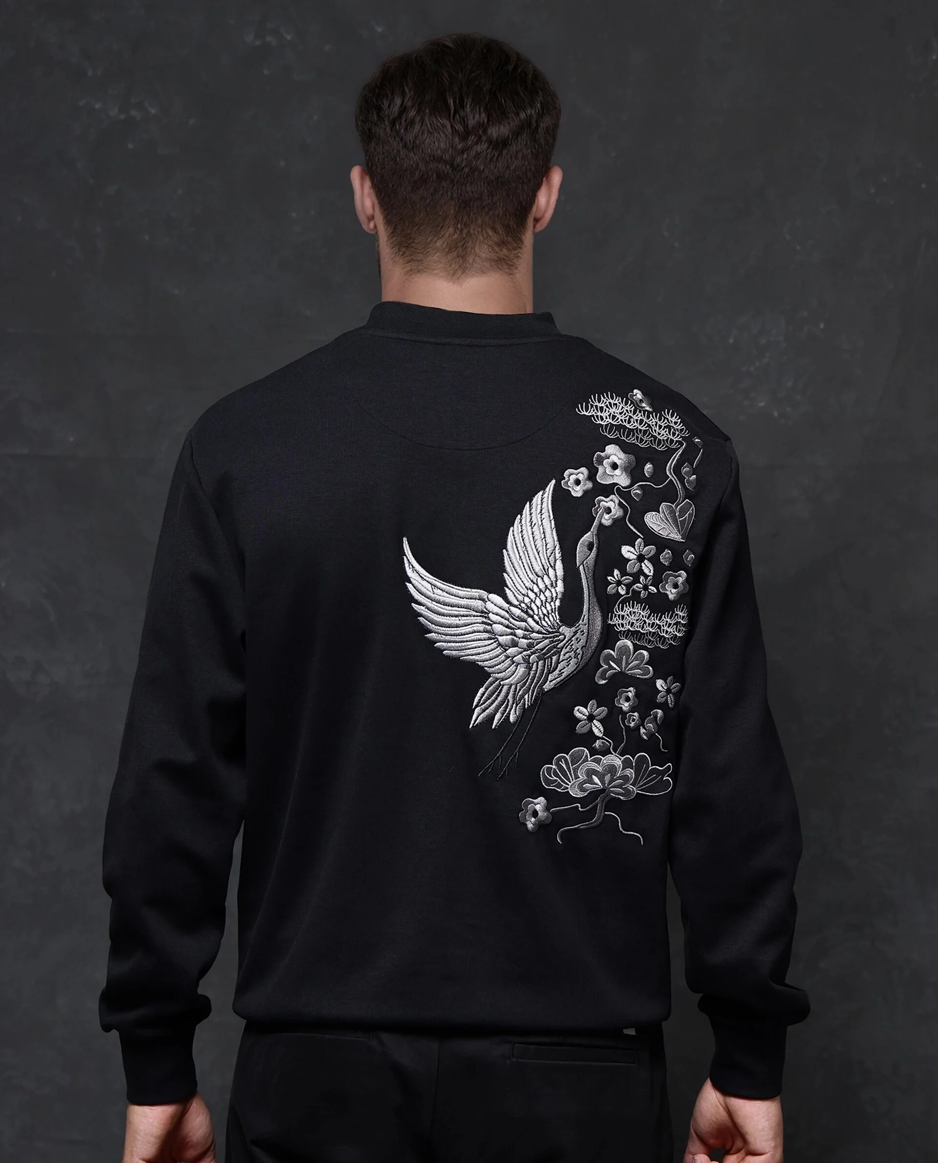Rare Rabbit Men's Lars Black Cotton Embroidered Regular Fit Full Sleeve Crew Neck Sweatshirt - Image 2