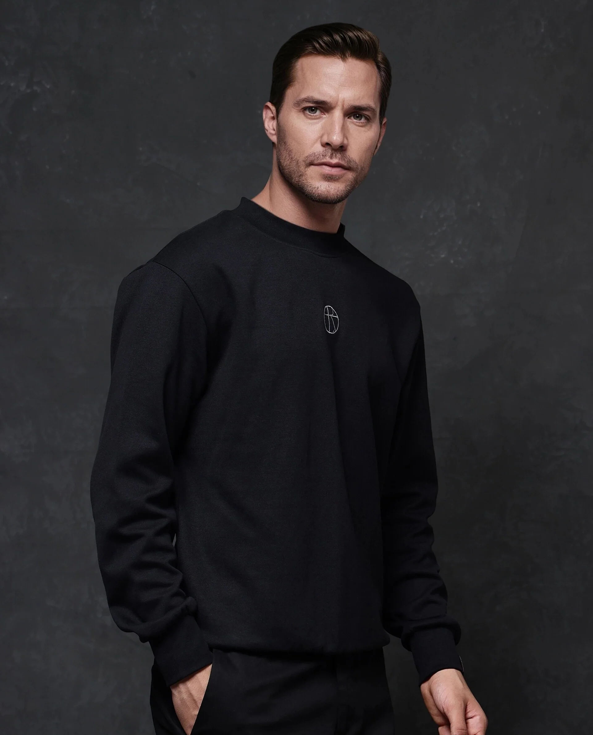 Rare Rabbit Men's Lars Black Cotton Embroidered Regular Fit Full Sleeve Crew Neck Sweatshirt - Image 5