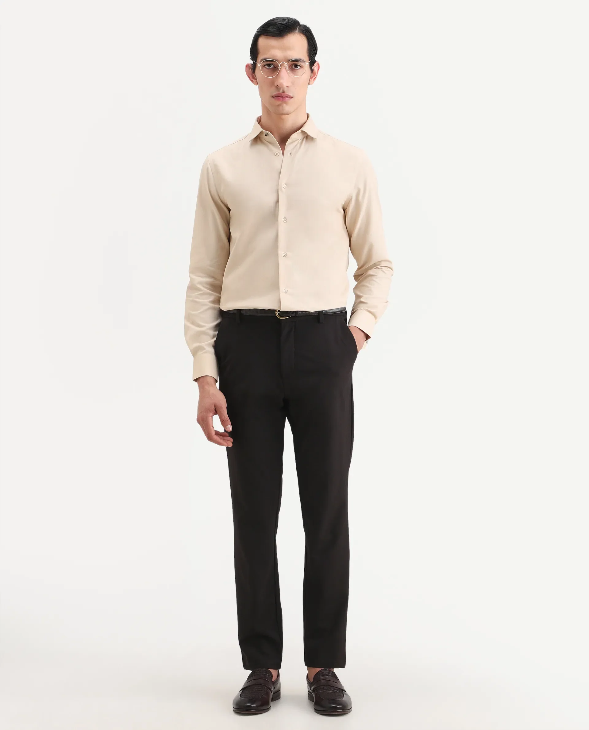 Rare Rabbit Men's Lasko-26 Beige Cotton Fabric Full Sleeve Spread Collar Regular Fit Plain Shirt - Image 2