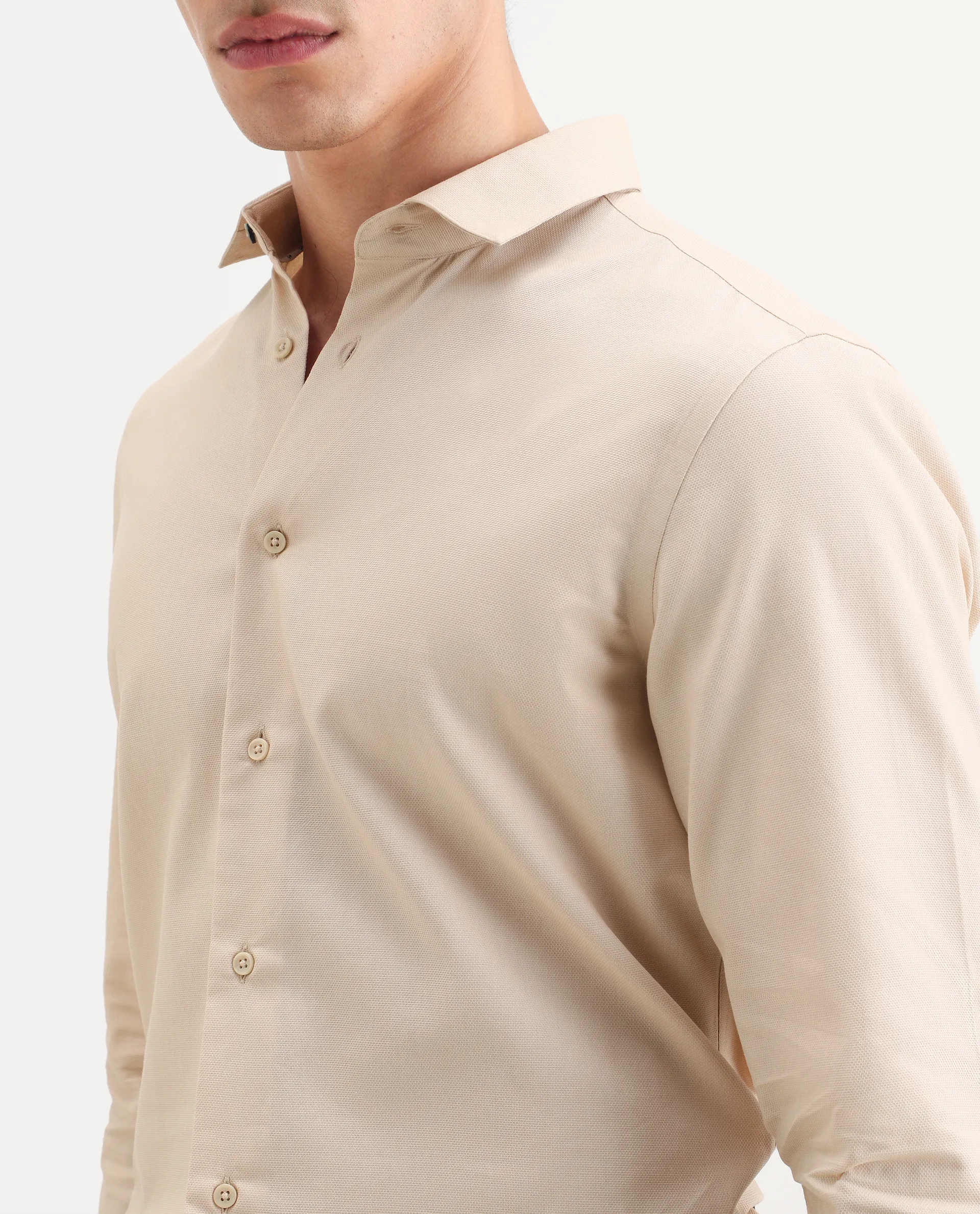Rare Rabbit Men's Lasko-26 Beige Cotton Fabric Full Sleeve Spread Collar Regular Fit Plain Shirt - Image 3
