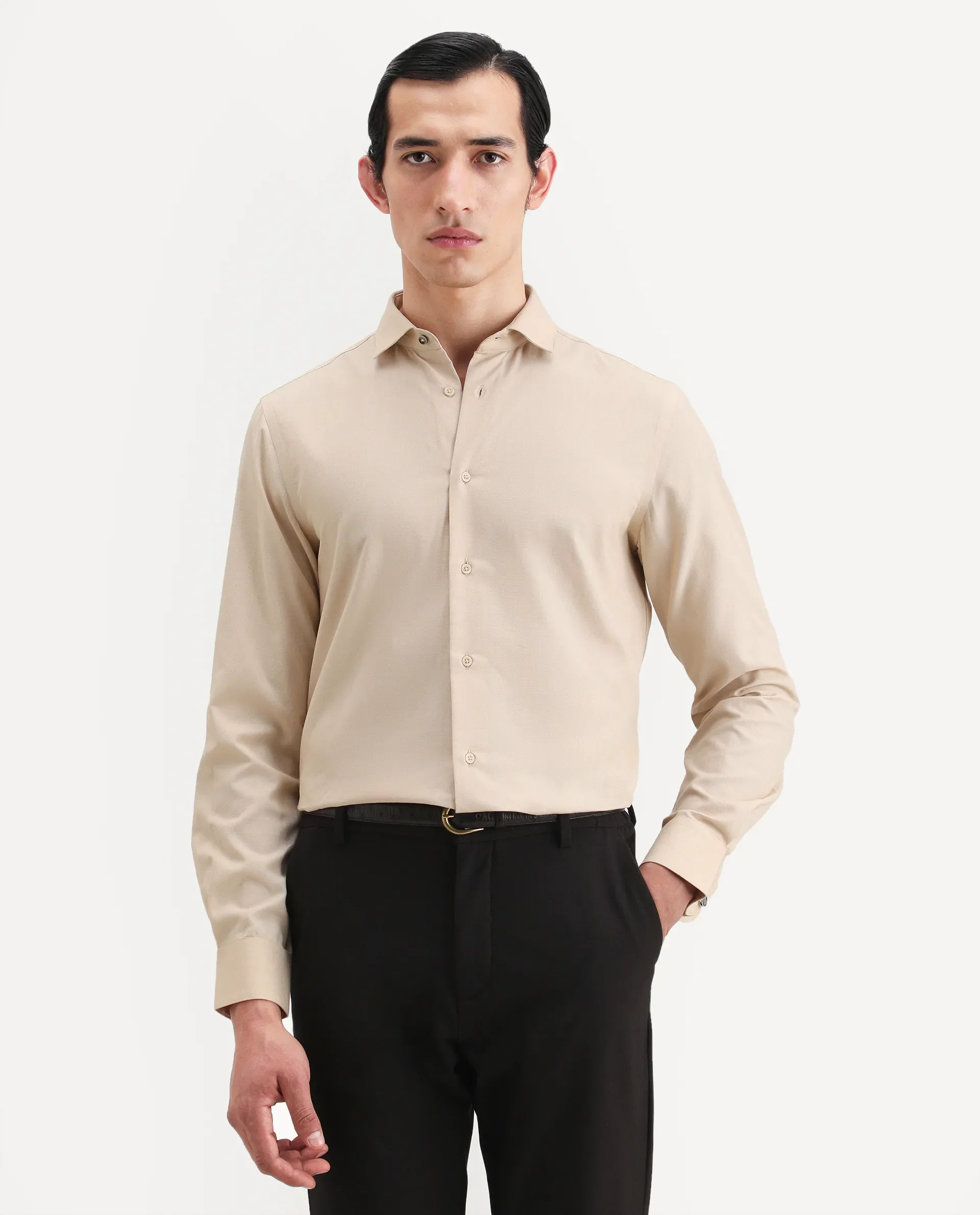 Rare Rabbit Men's Lasko-26 Beige Cotton Fabric Full Sleeve Spread Collar Regular Fit Plain Shirt - Image 5