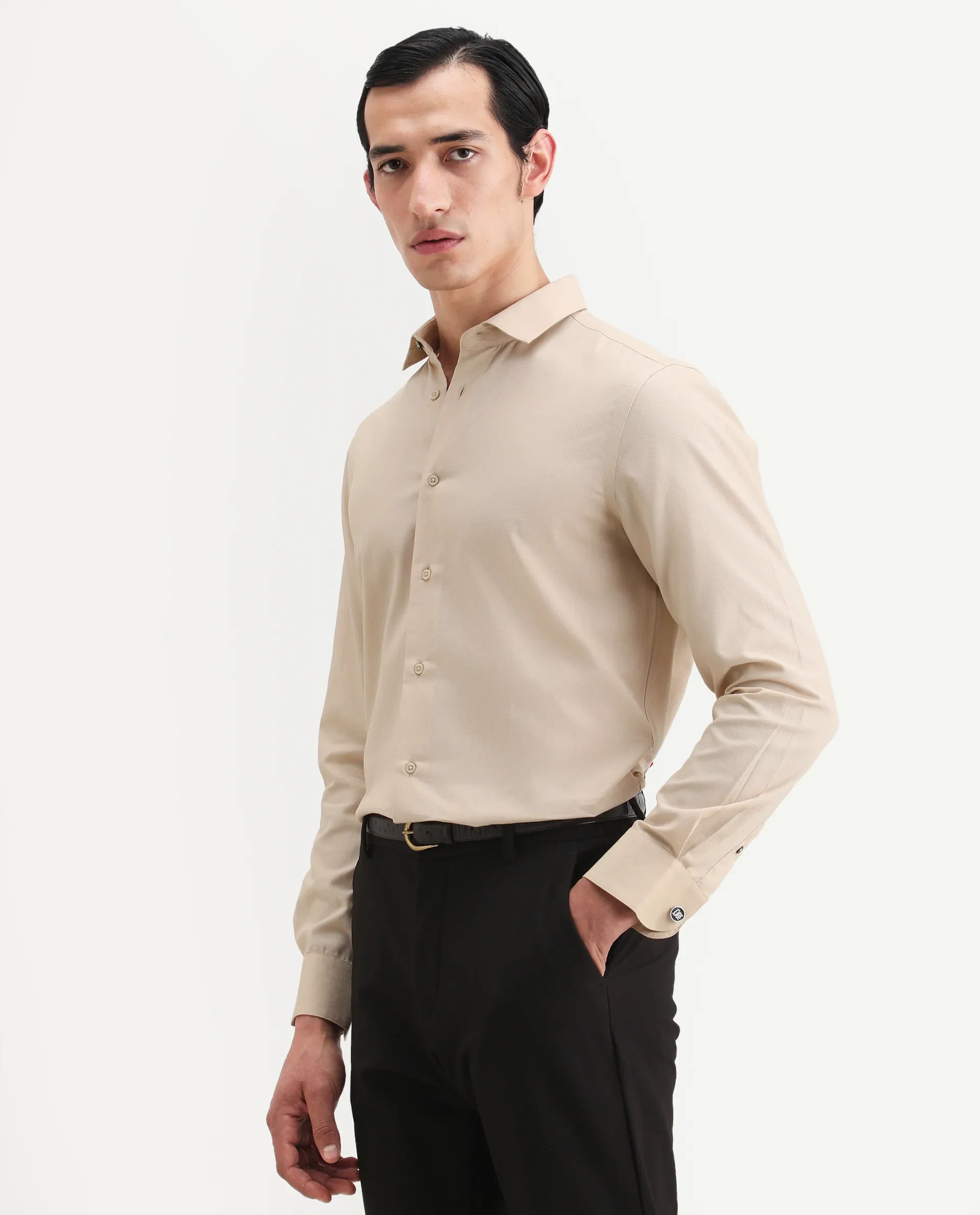 Rare Rabbit Men's Lasko-26 Beige Cotton Fabric Full Sleeve Spread Collar Regular Fit Plain Shirt - Image 6