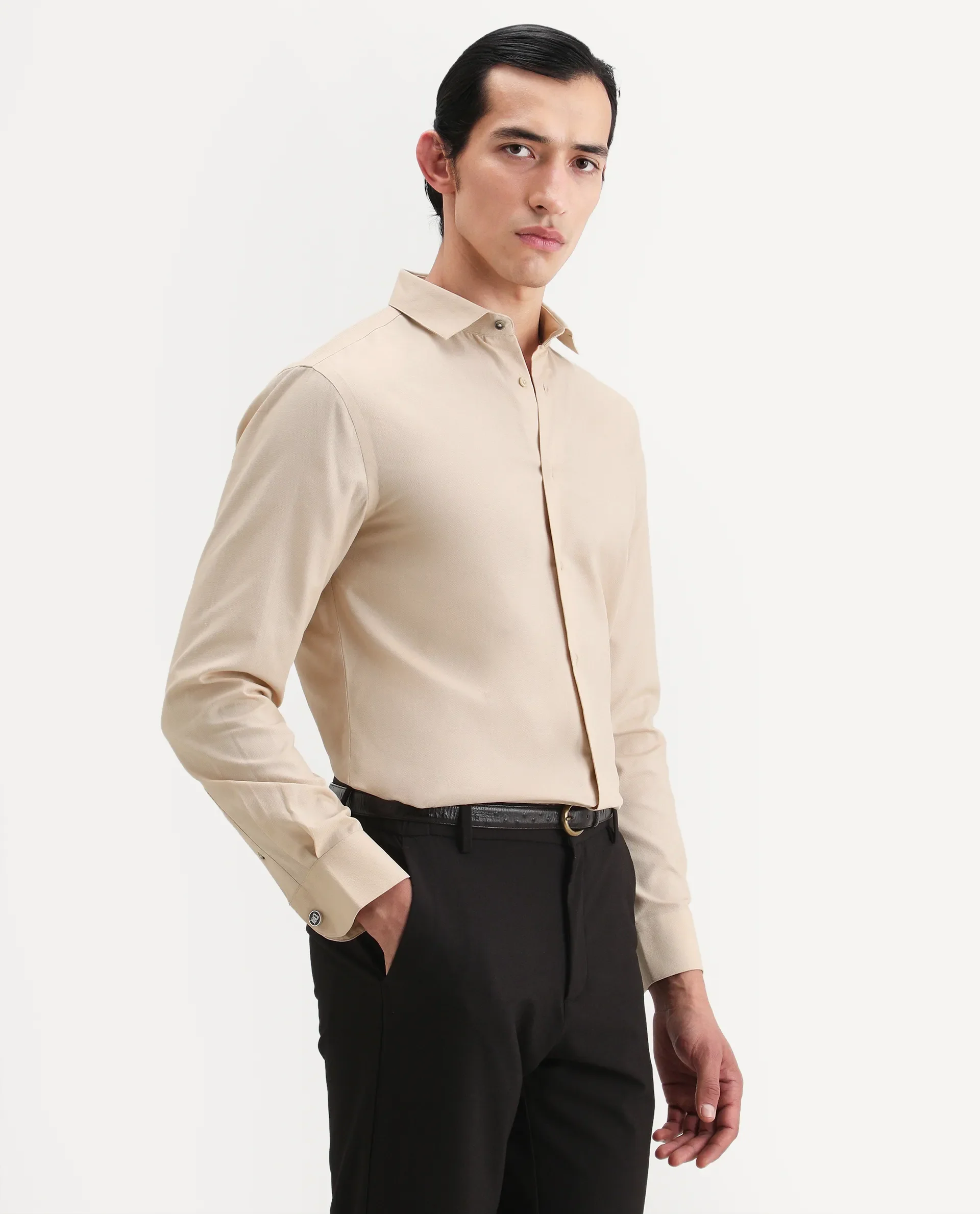Rare Rabbit Men's Lasko-26 Beige Cotton Fabric Full Sleeve Spread Collar Regular Fit Plain Shirt - Image 7
