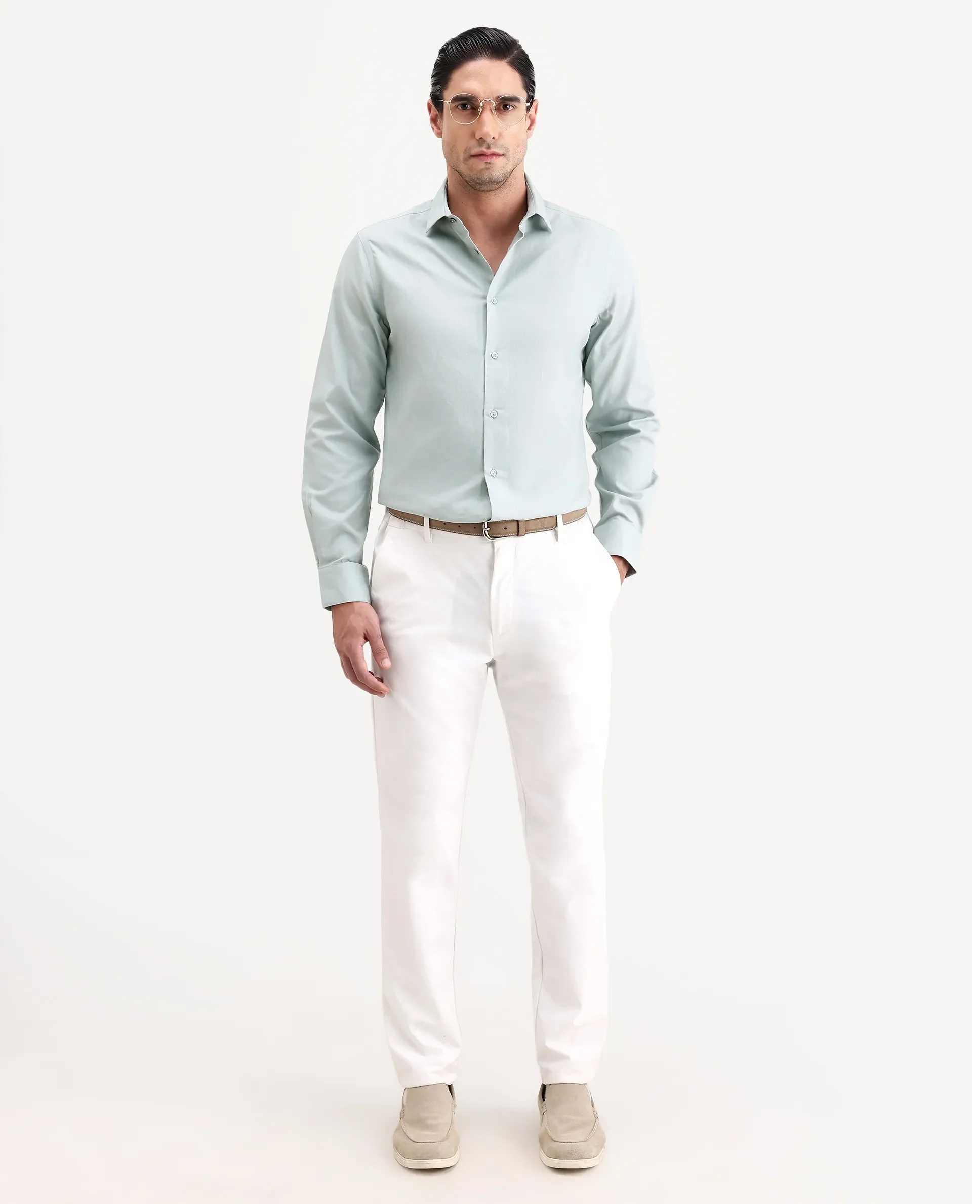 Rare Rabbit Men's Lasko-26 Light Green Cotton Fabric Full Sleeve Spread Collar Regular Fit Plain Shirt - Image 2