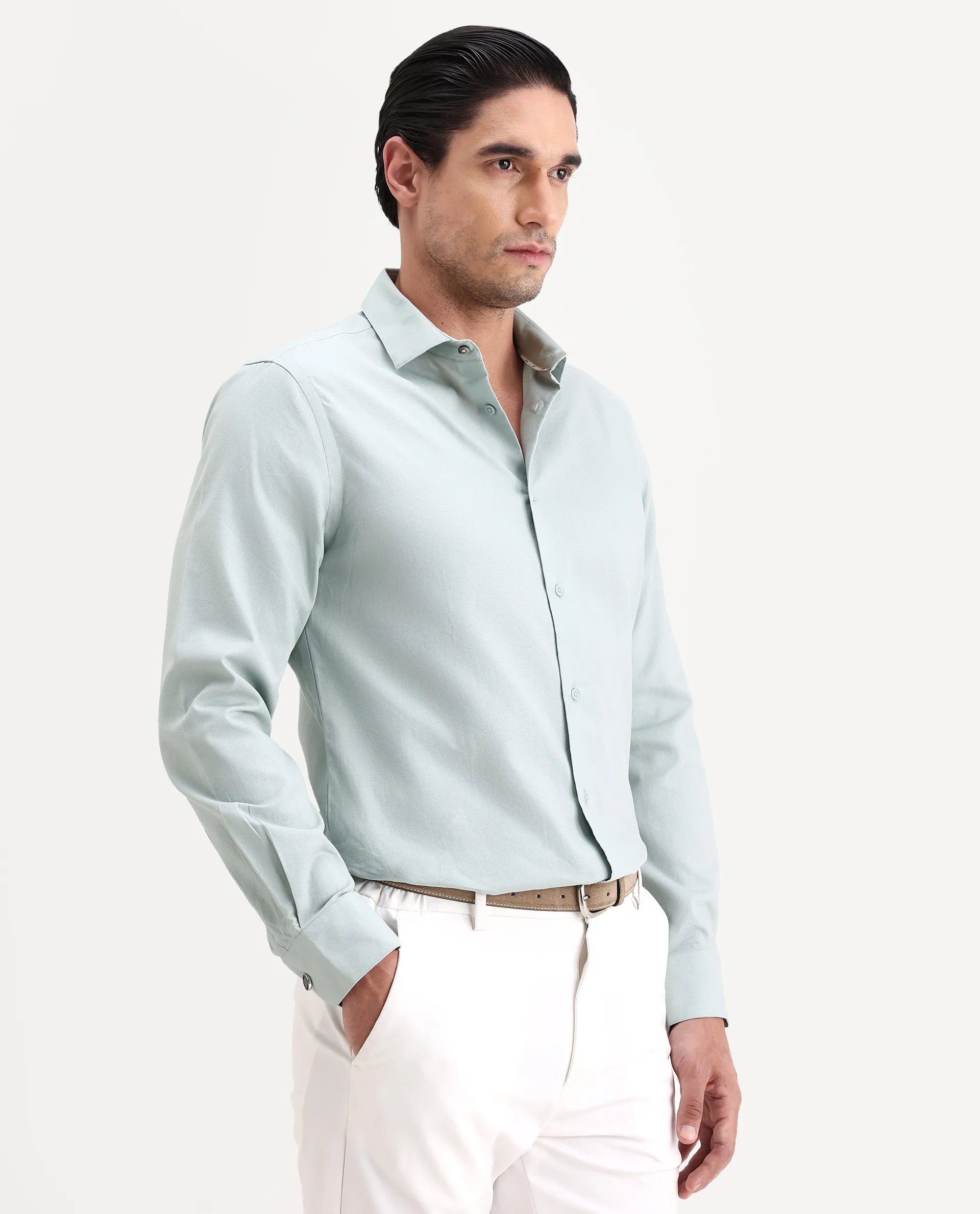 Rare Rabbit Men's Lasko-26 Light Green Cotton Fabric Full Sleeve Spread Collar Regular Fit Plain Shirt - Image 4