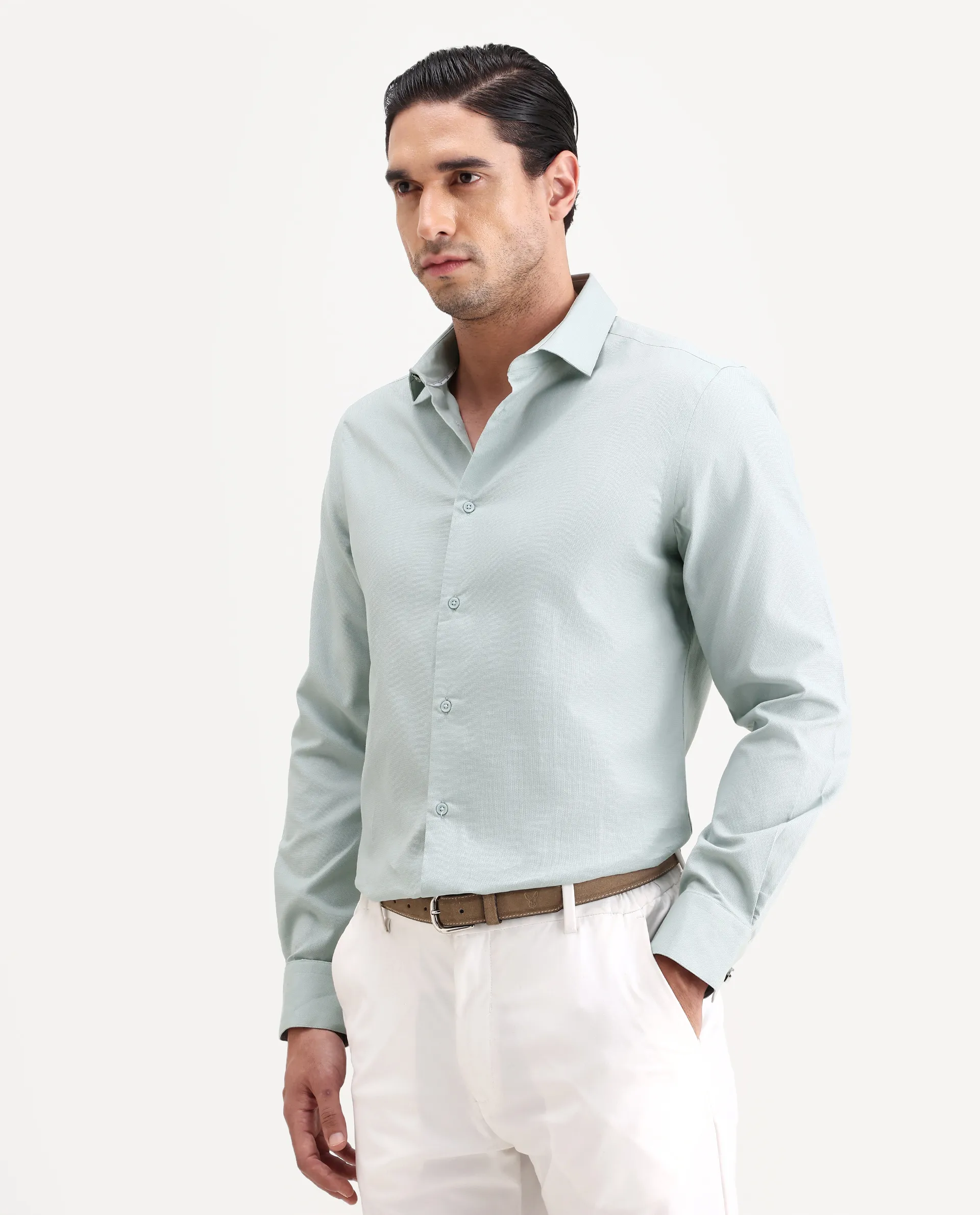 Rare Rabbit Men's Lasko-26 Light Green Cotton Fabric Full Sleeve Spread Collar Regular Fit Plain Shirt - Image 5