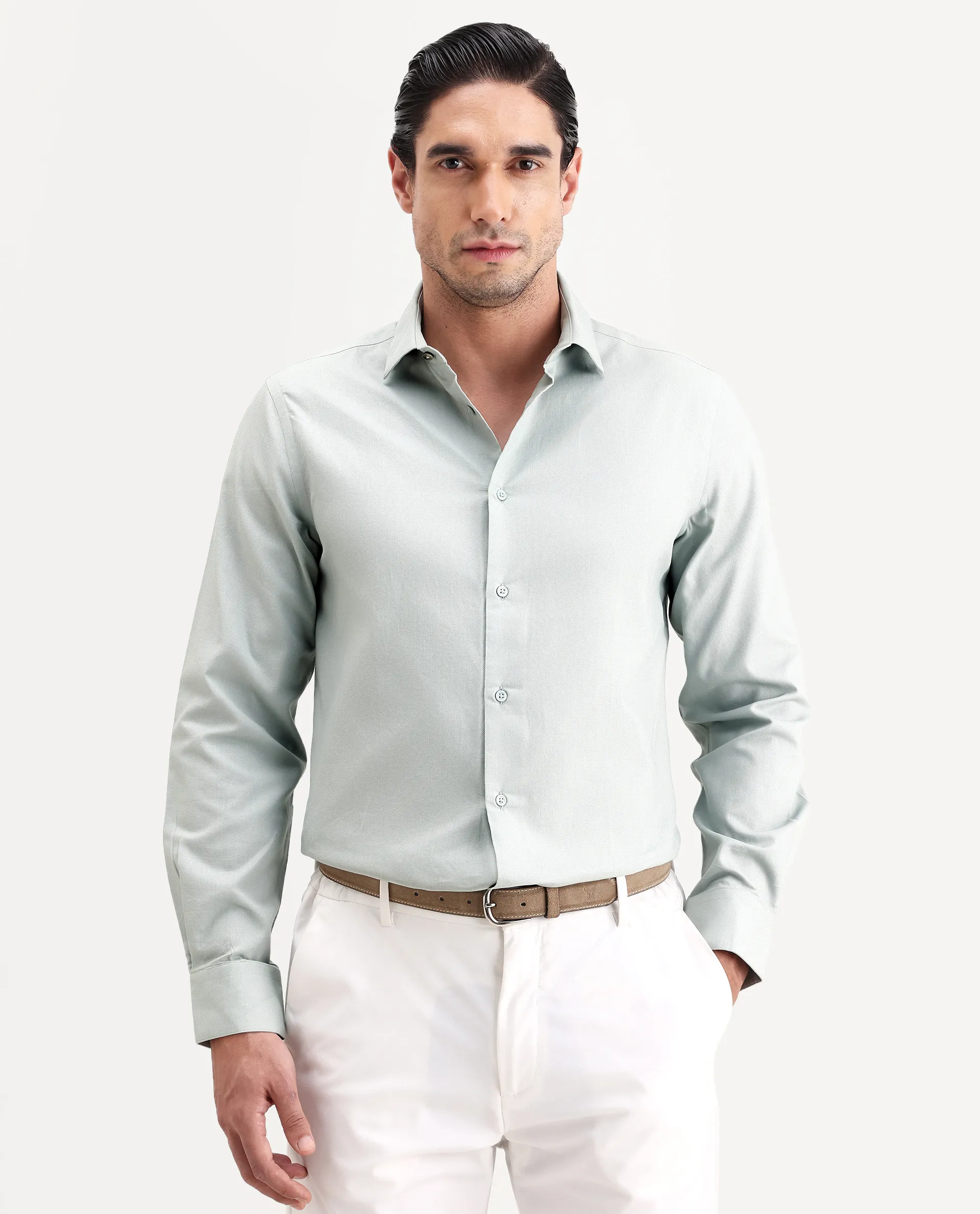 Rare Rabbit Men's Lasko-26 Light Green Cotton Fabric Full Sleeve Spread Collar Regular Fit Plain Shirt - Image 6