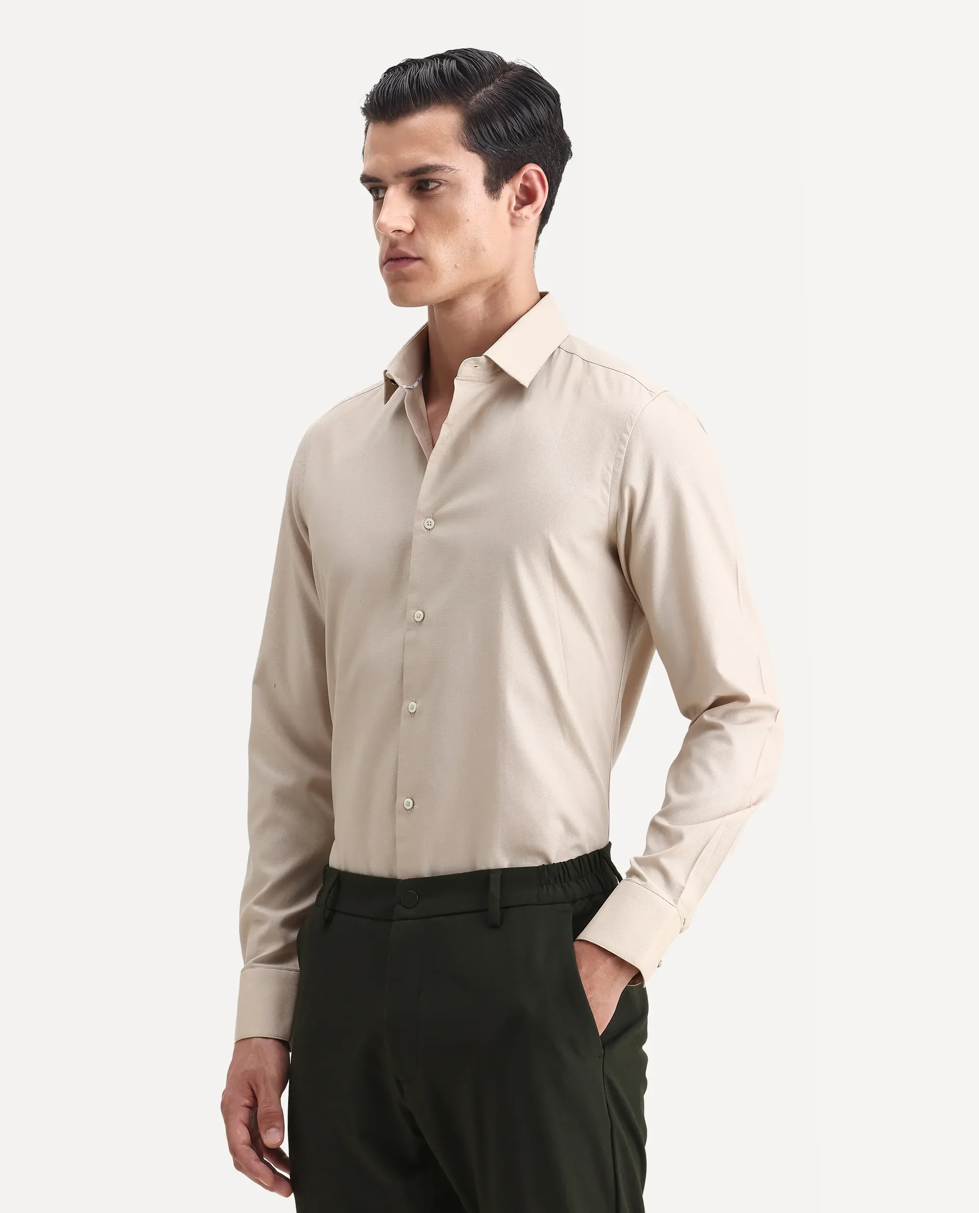 Rare Rabbit Men's Lasko Beige Cotton Plain Regular Fit Full Sleeve Collared Shirt - Image 5