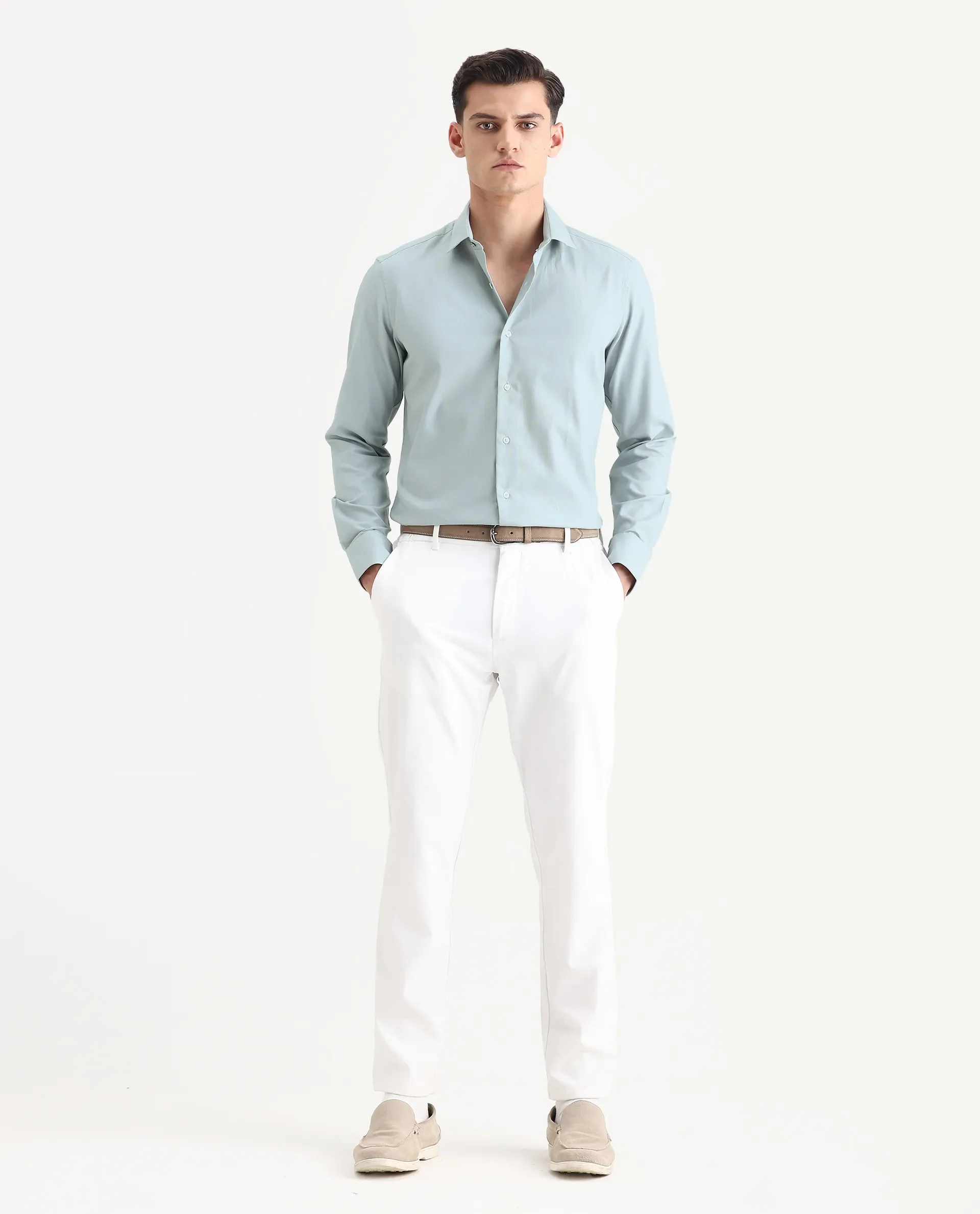 Rare Rabbit Men's Lasko Dusky Blue Cotton Plain Regular Fit Full Sleeve Collared Shirt - Image 2