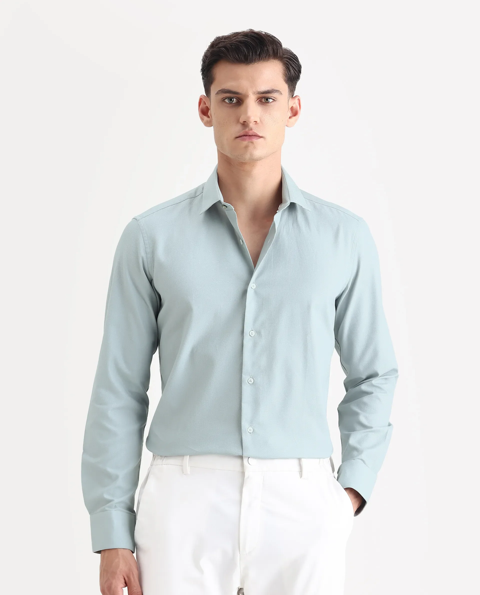 Rare Rabbit Men's Lasko Dusky Blue Cotton Plain Regular Fit Full Sleeve Collared Shirt - Image 4