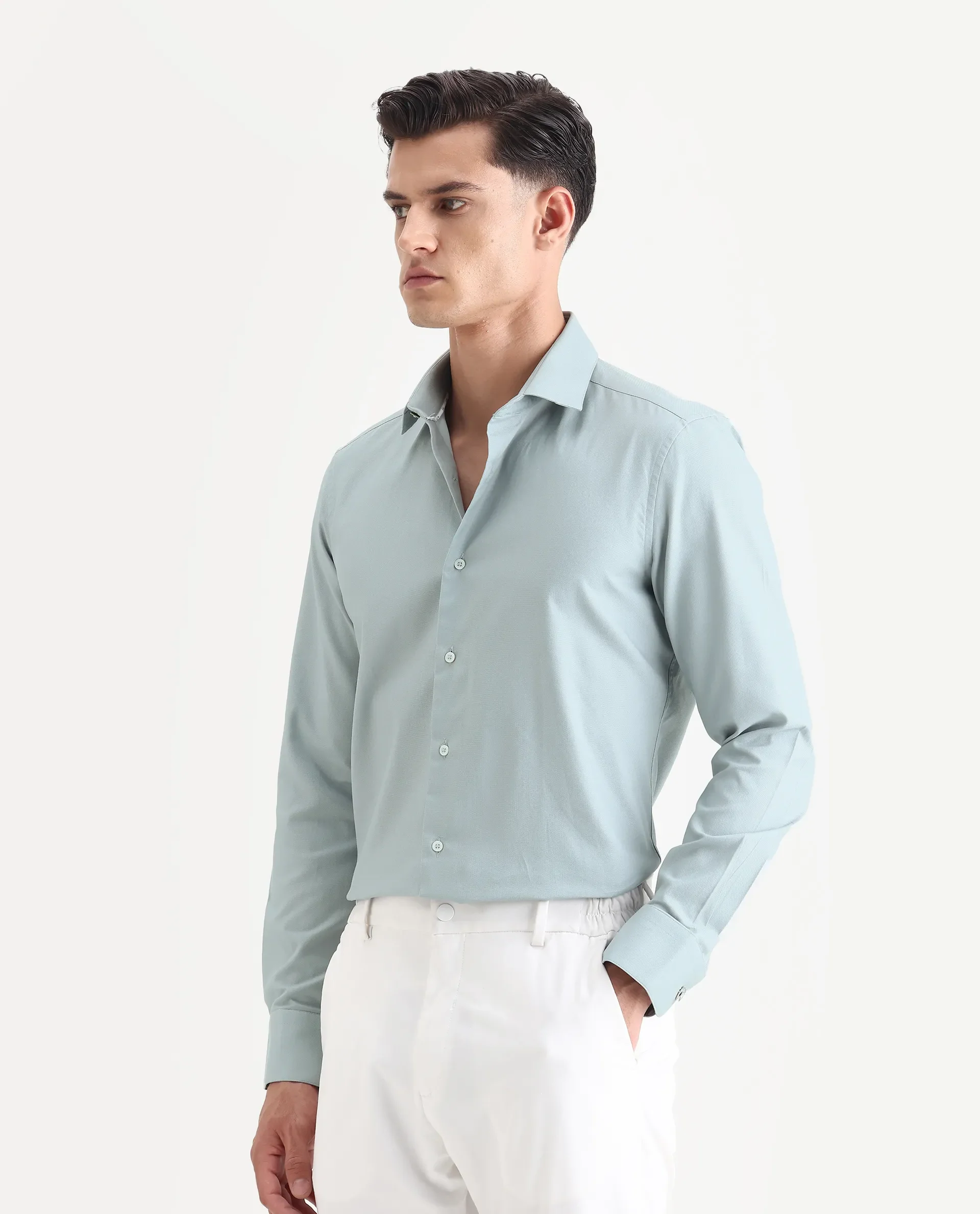 Rare Rabbit Men's Lasko Dusky Blue Cotton Plain Regular Fit Full Sleeve Collared Shirt - Image 5