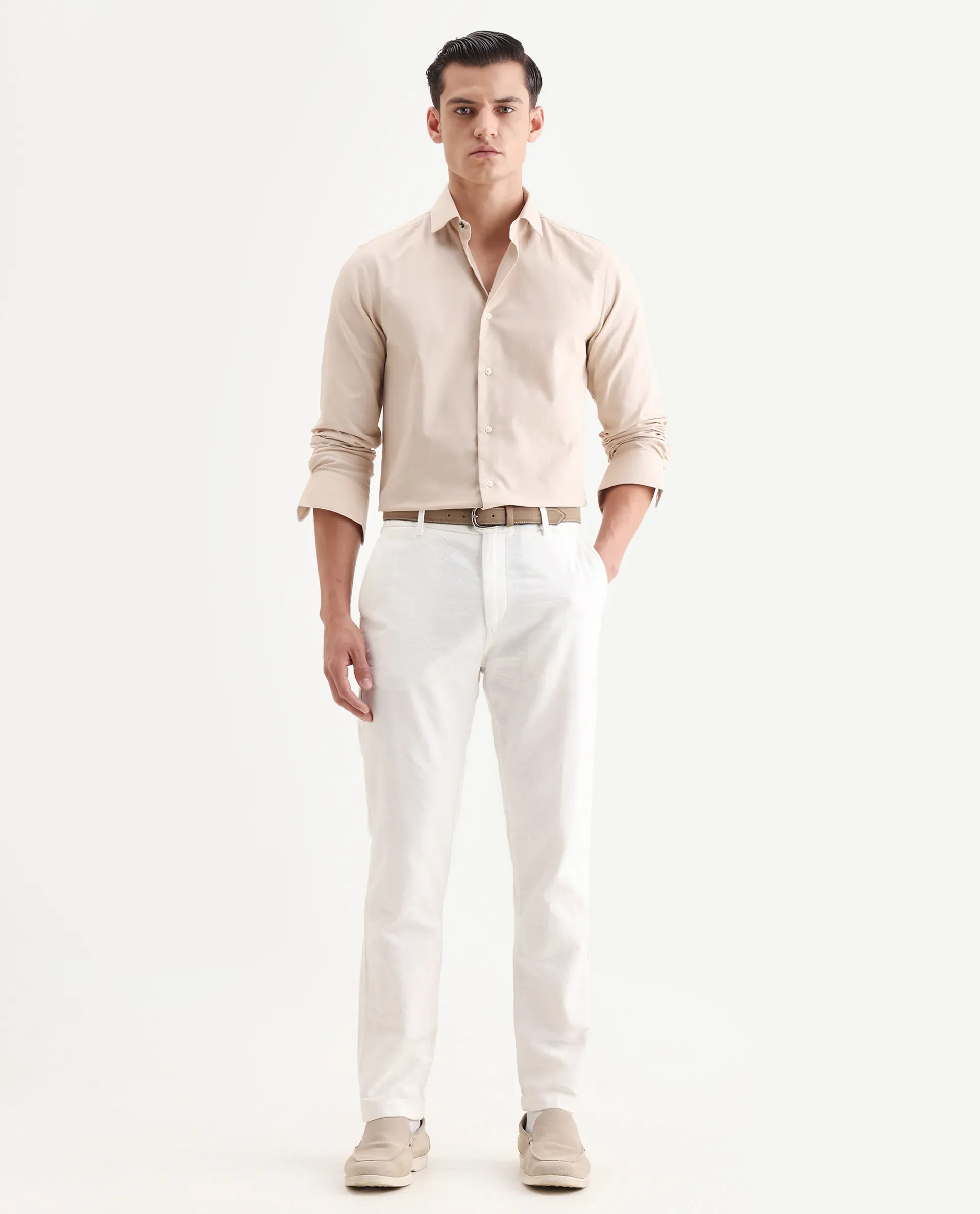 Rare Rabbit Men's Lasko Light Beige Cotton Plain Regular Fit Full Sleeve Collared Shirt - Image 2