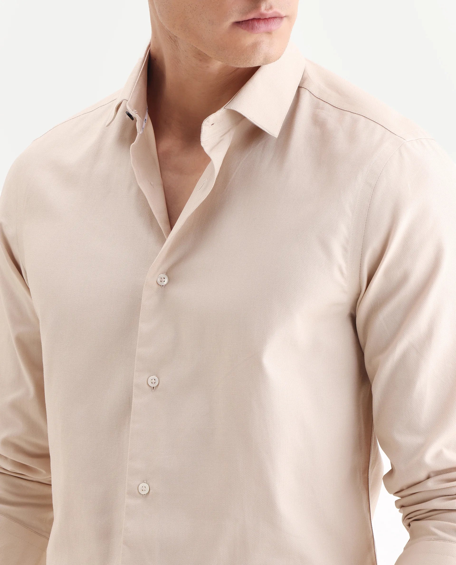 Rare Rabbit Men's Lasko Light Beige Cotton Plain Regular Fit Full Sleeve Collared Shirt - Image 3