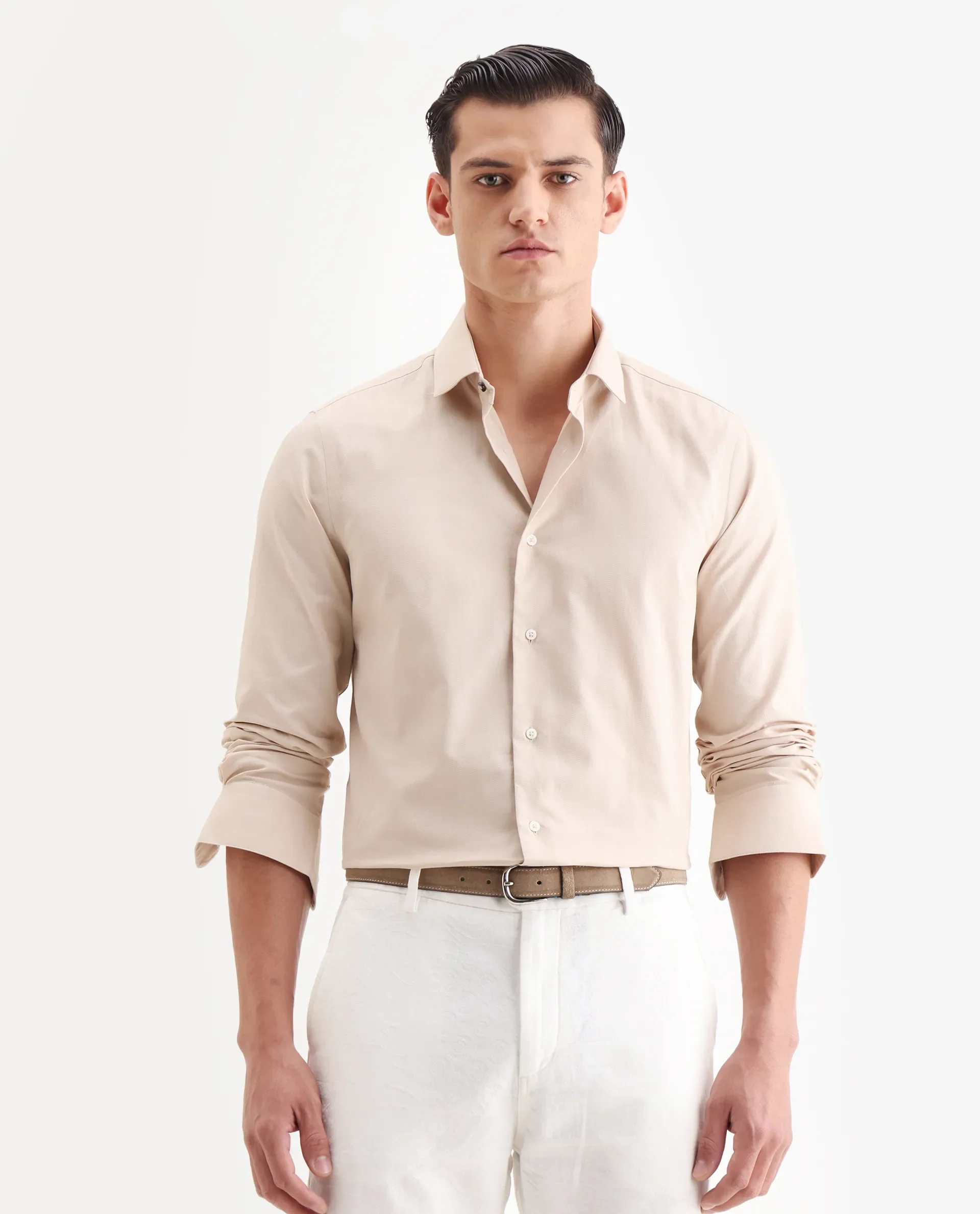 Rare Rabbit Men's Lasko Light Beige Cotton Plain Regular Fit Full Sleeve Collared Shirt - Image 4