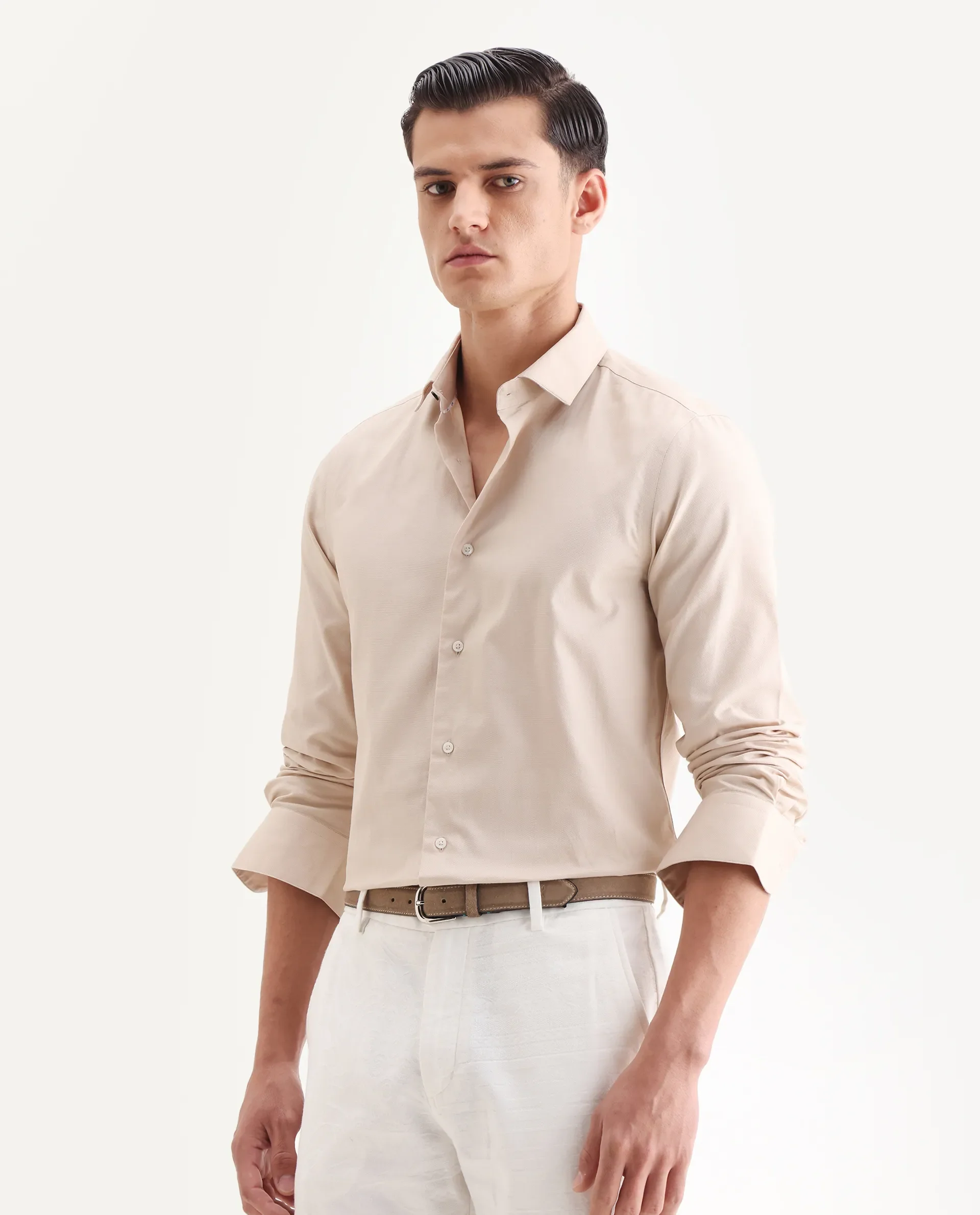 Rare Rabbit Men's Lasko Light Beige Cotton Plain Regular Fit Full Sleeve Collared Shirt - Image 5