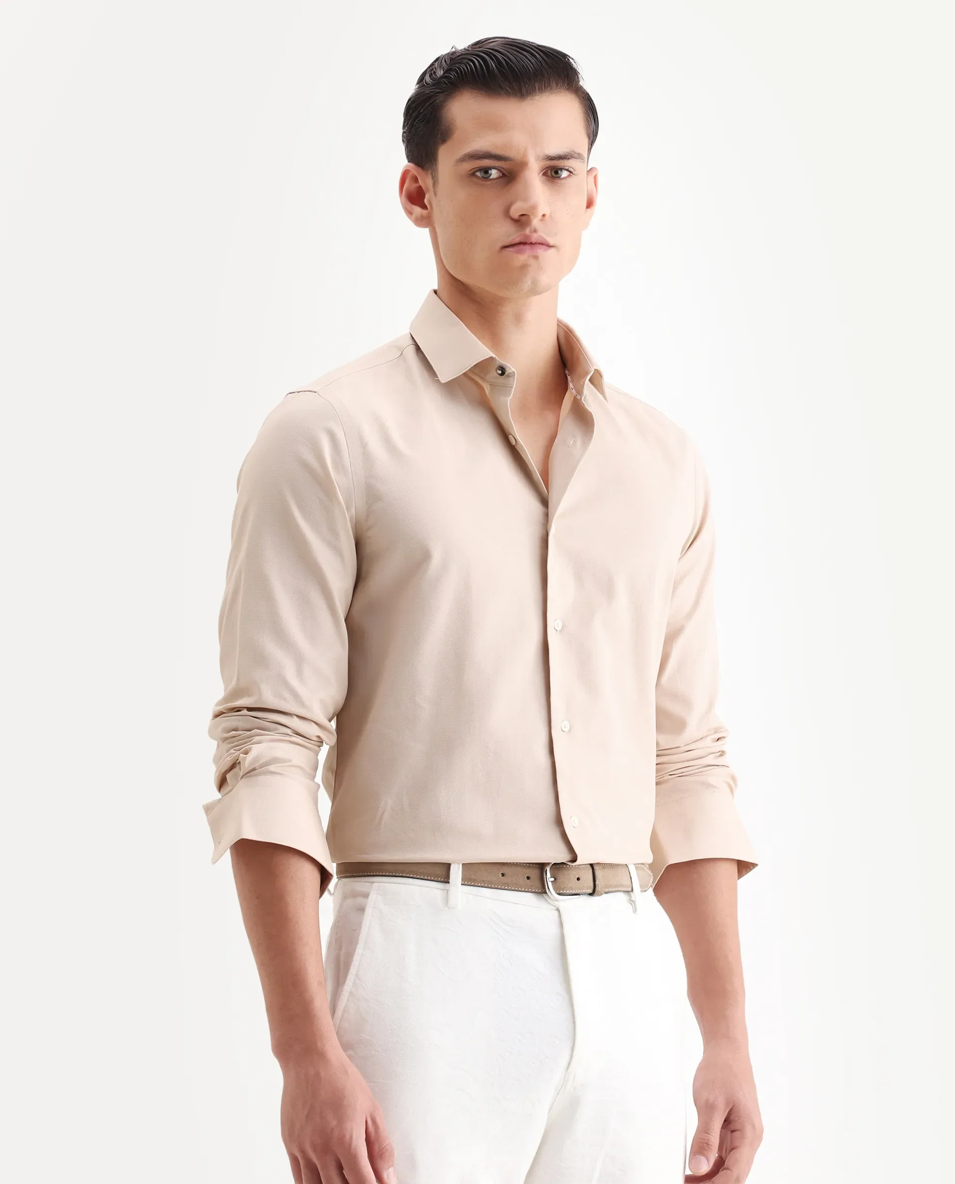 Rare Rabbit Men's Lasko Light Beige Cotton Plain Regular Fit Full Sleeve Collared Shirt - Image 6