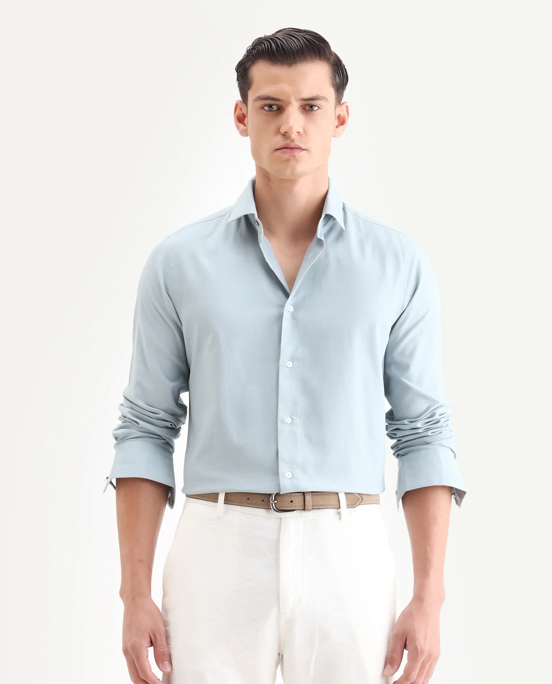 Rare Rabbit Men's Lasko Light Blue Cotton Plain Regular Fit Full Sleeve Collared Shirt - Image 4