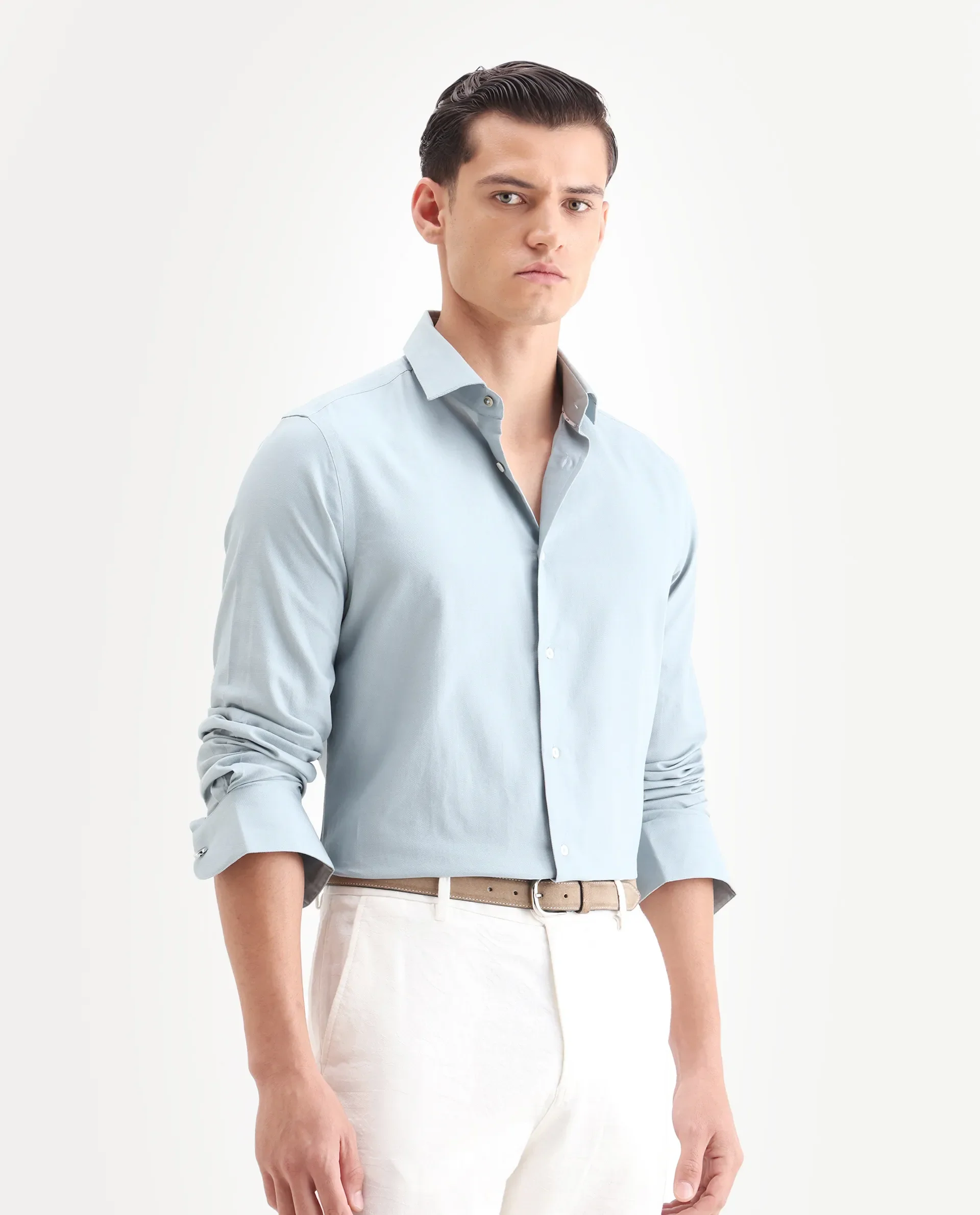 Rare Rabbit Men's Lasko Light Blue Cotton Plain Regular Fit Full Sleeve Collared Shirt - Image 6