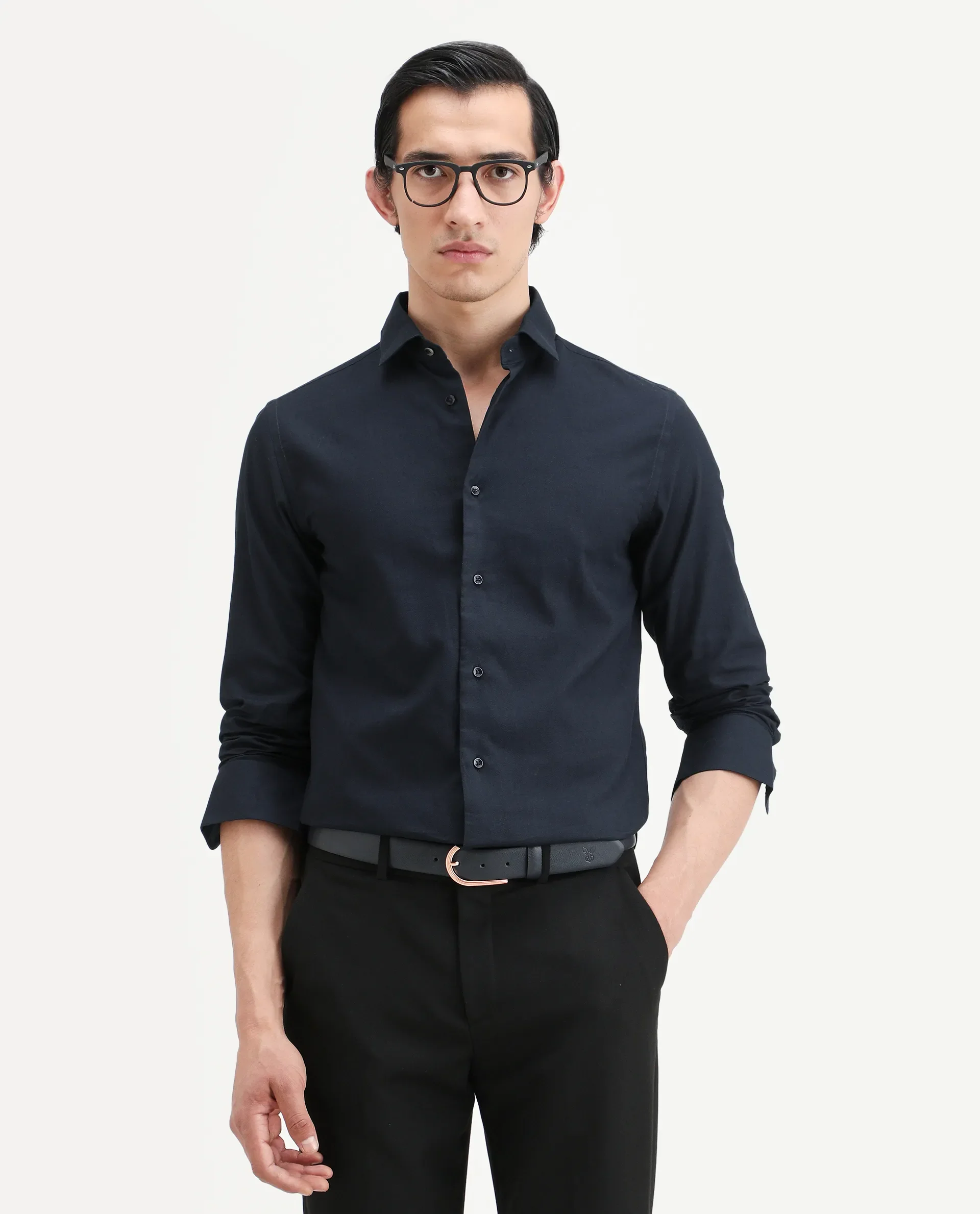 Rare Rabbit Men's Lasko Navy Cotton Plain Regular Fit Full Sleeve Collared Shirt
