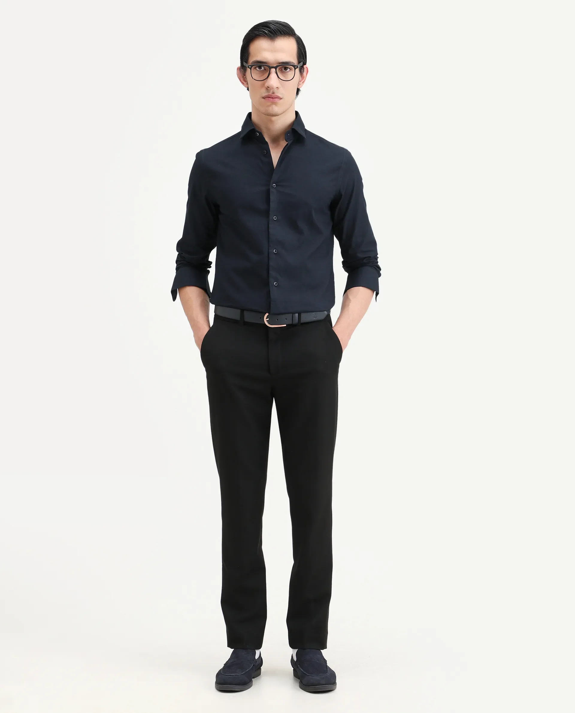 Rare Rabbit Men's Lasko Navy Cotton Plain Regular Fit Full Sleeve Collared Shirt - Image 2