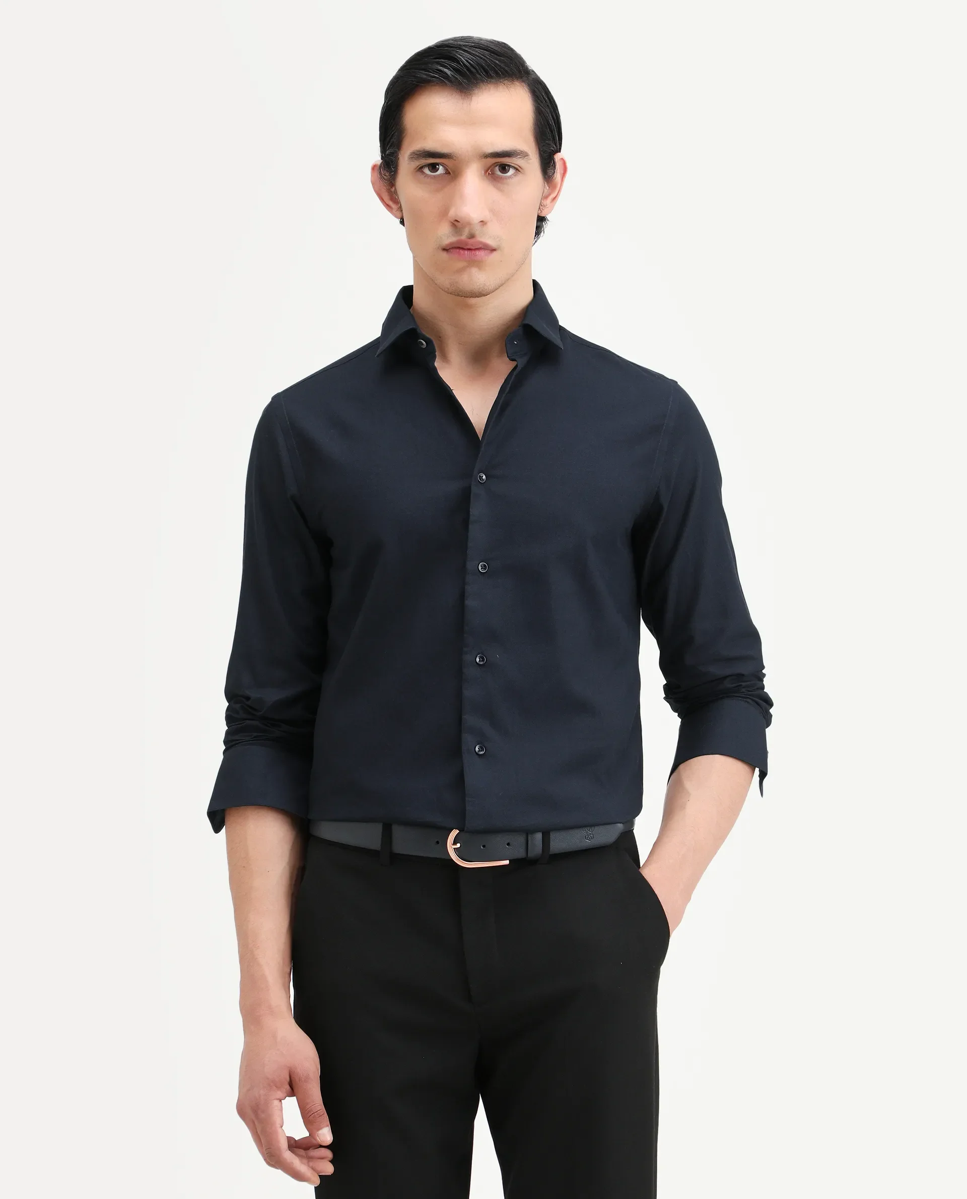 Rare Rabbit Men's Lasko Navy Cotton Plain Regular Fit Full Sleeve Collared Shirt - Image 3
