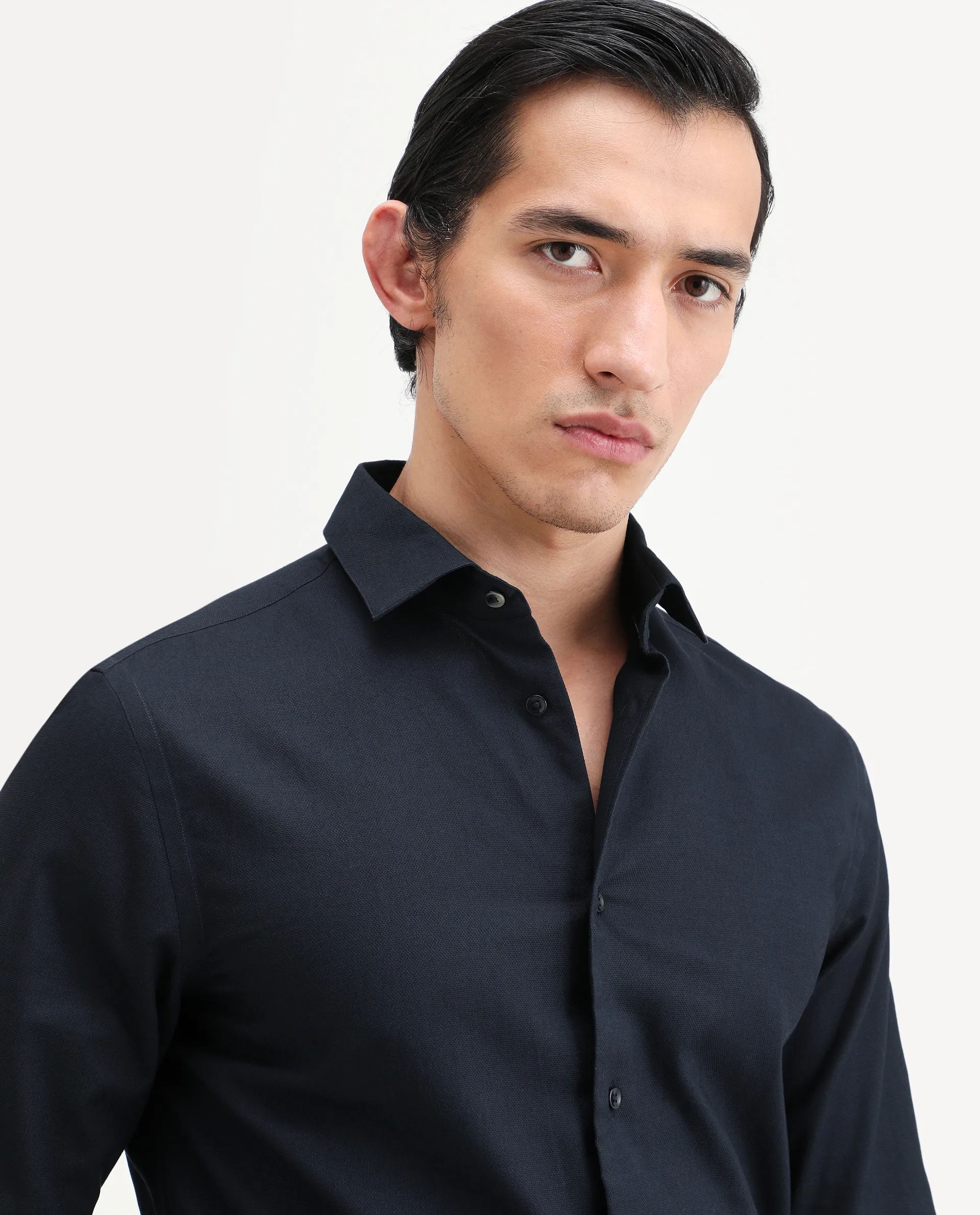 Rare Rabbit Men's Lasko Navy Cotton Plain Regular Fit Full Sleeve Collared Shirt - Image 4
