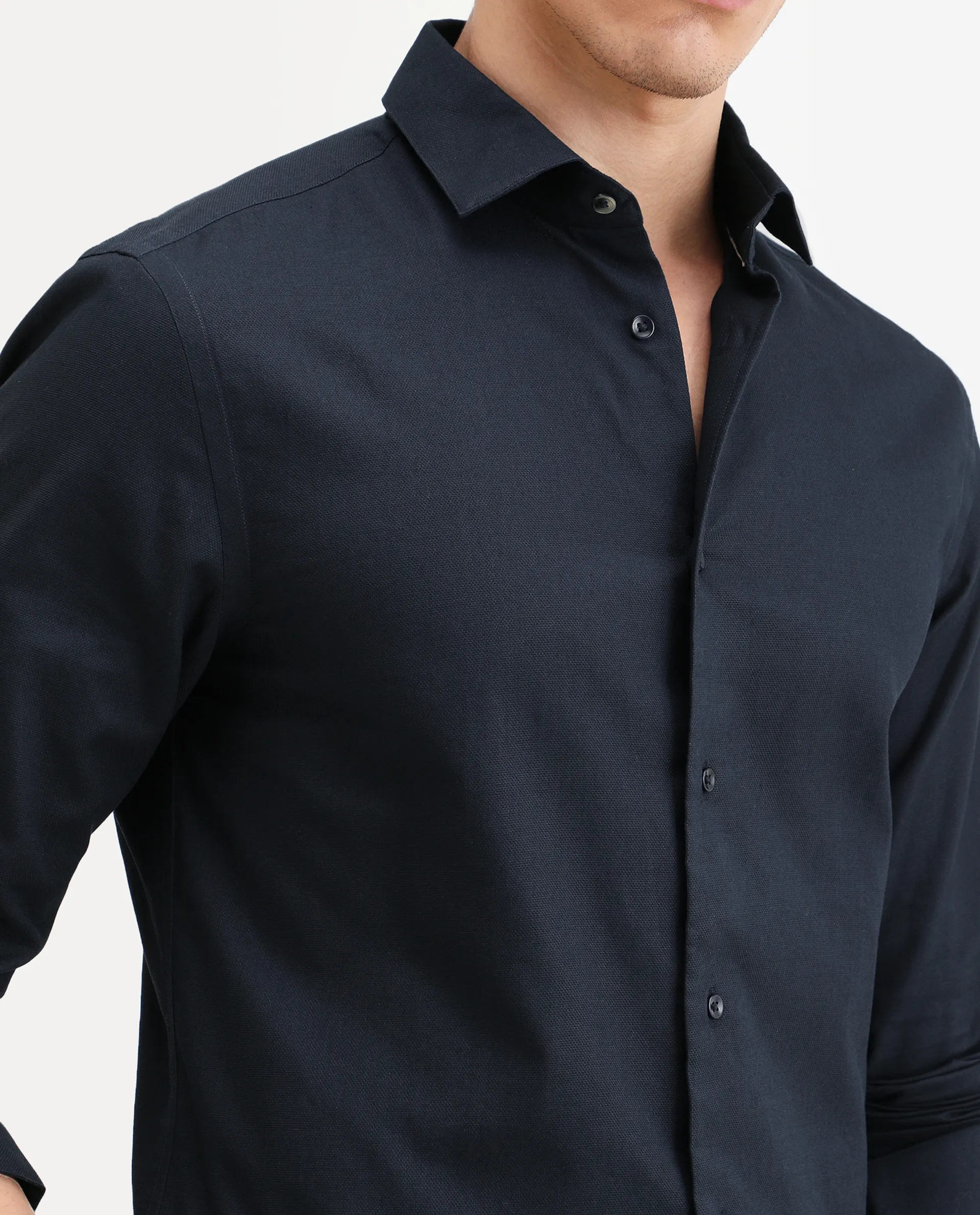 Rare Rabbit Men's Lasko Navy Cotton Plain Regular Fit Full Sleeve Collared Shirt - Image 5