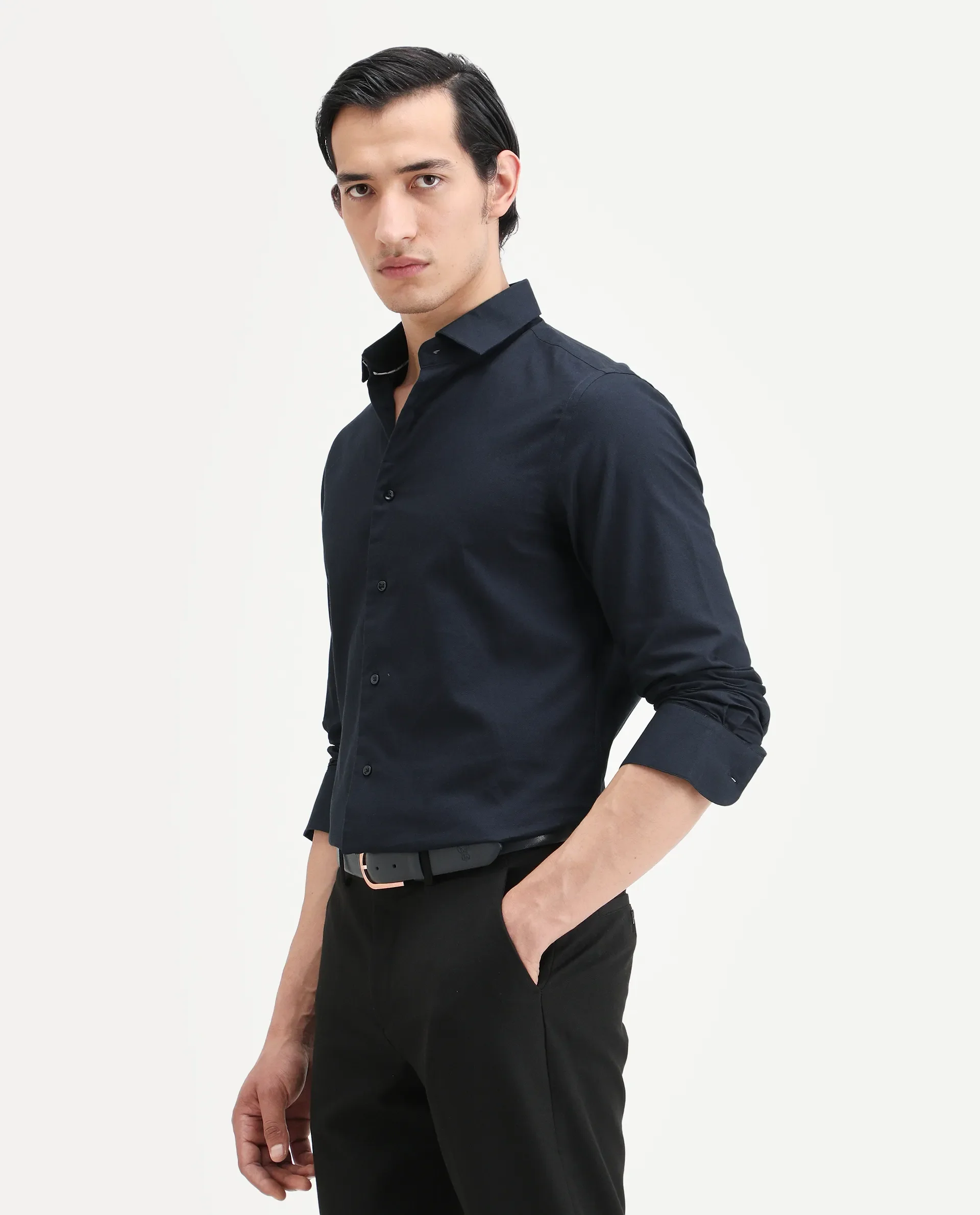Rare Rabbit Men's Lasko Navy Cotton Plain Regular Fit Full Sleeve Collared Shirt - Image 6