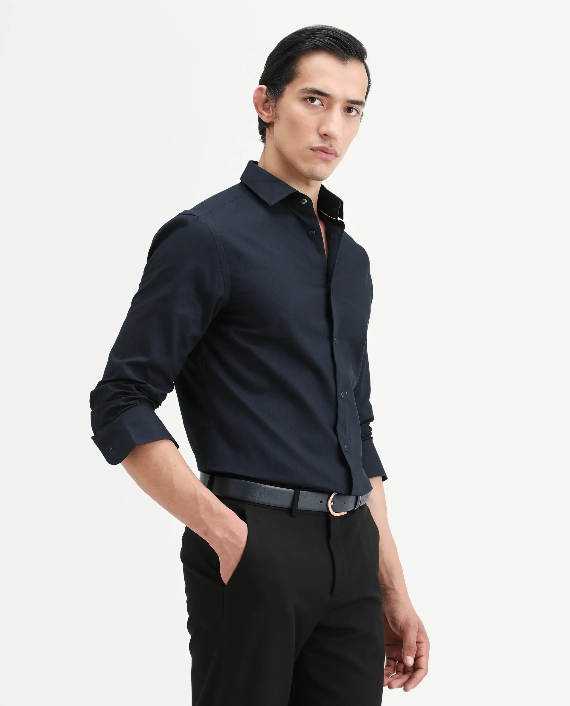 Rare Rabbit Men's Lasko Navy Cotton Plain Regular Fit Full Sleeve Collared Shirt - Image 7