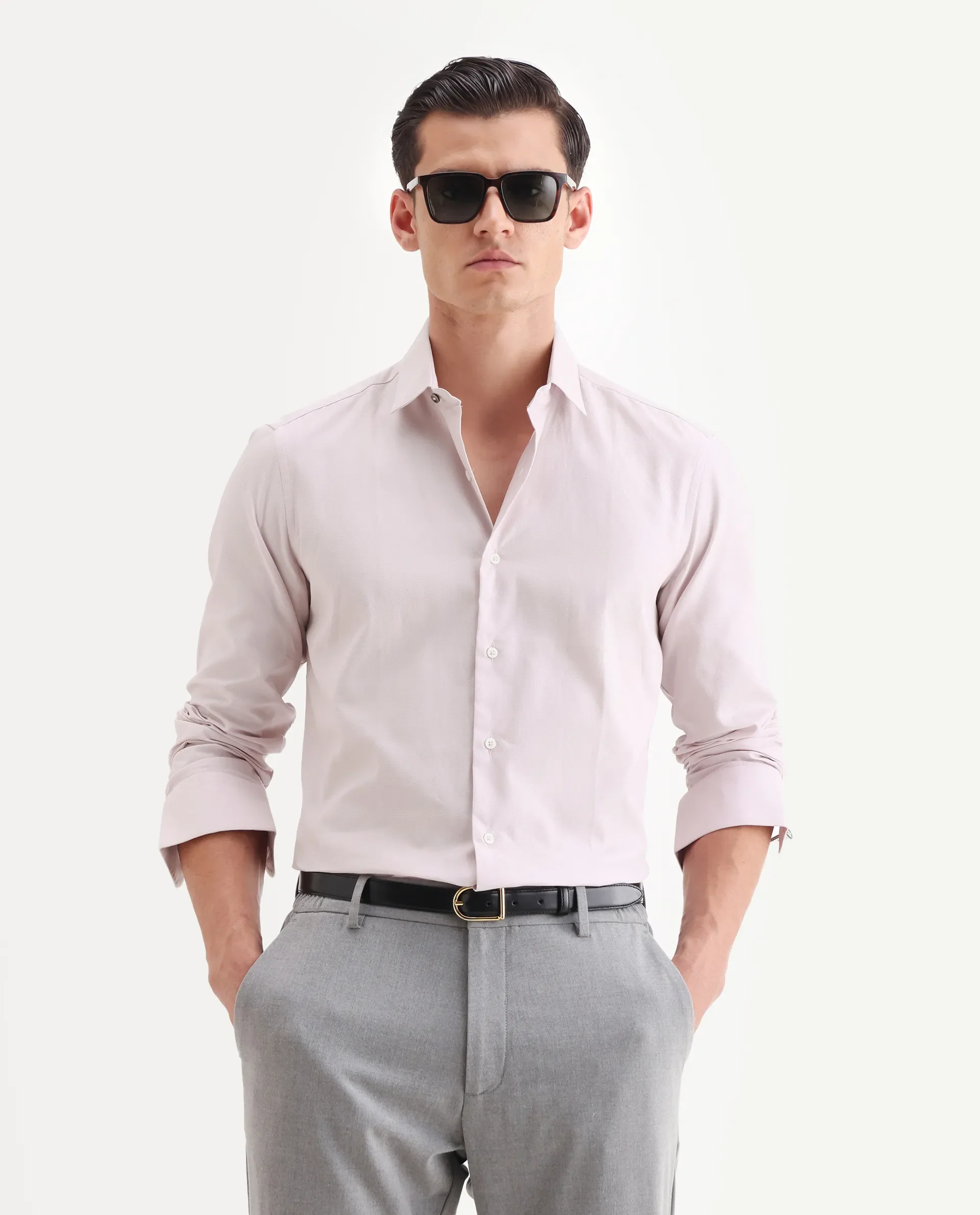 Rare Rabbit Men's Lasko Pastel Pink Cotton Plain Regular Fit Full Sleeve Collared Shirt
