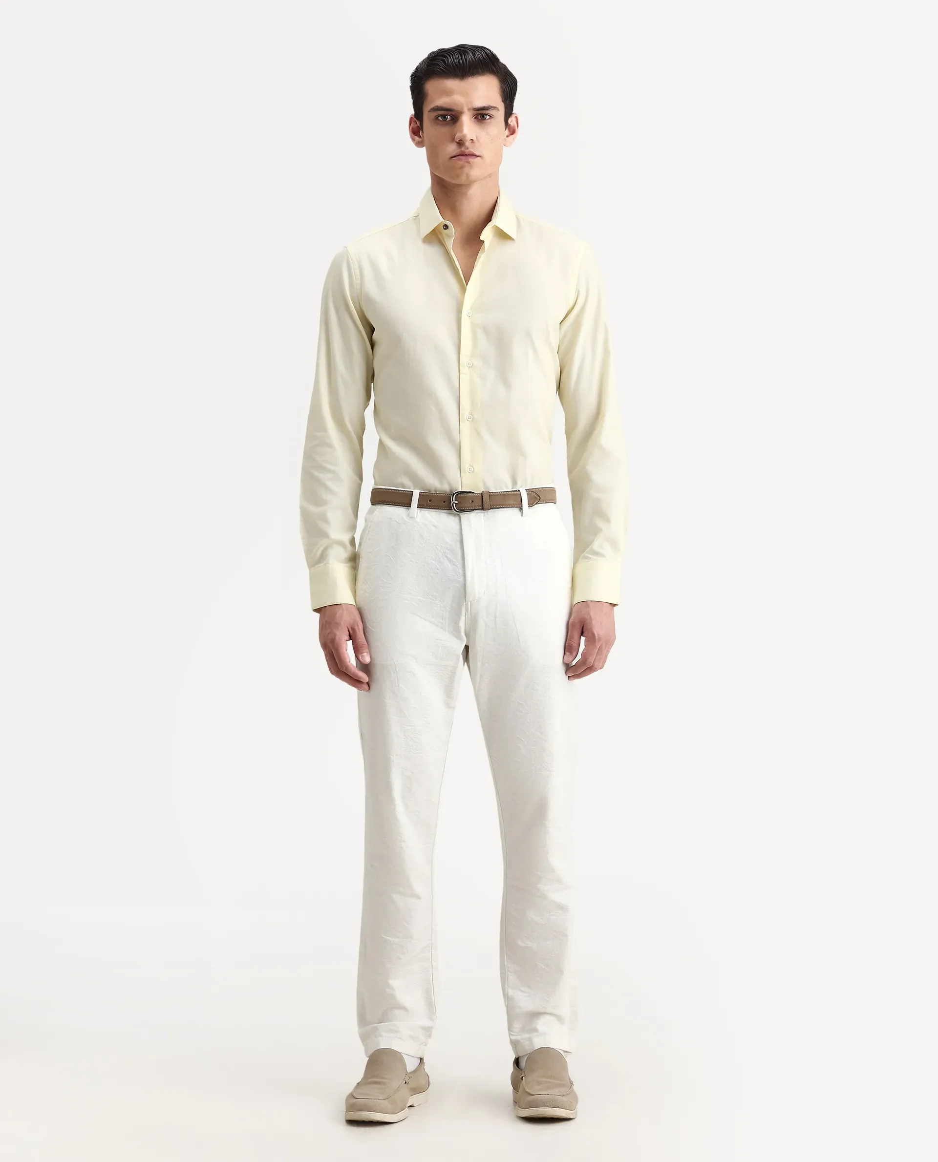 Rare Rabbit Men's Lasko Pastel Yellow Cotton Plain Regular Fit Full Sleeve Collared Shirt - Image 2