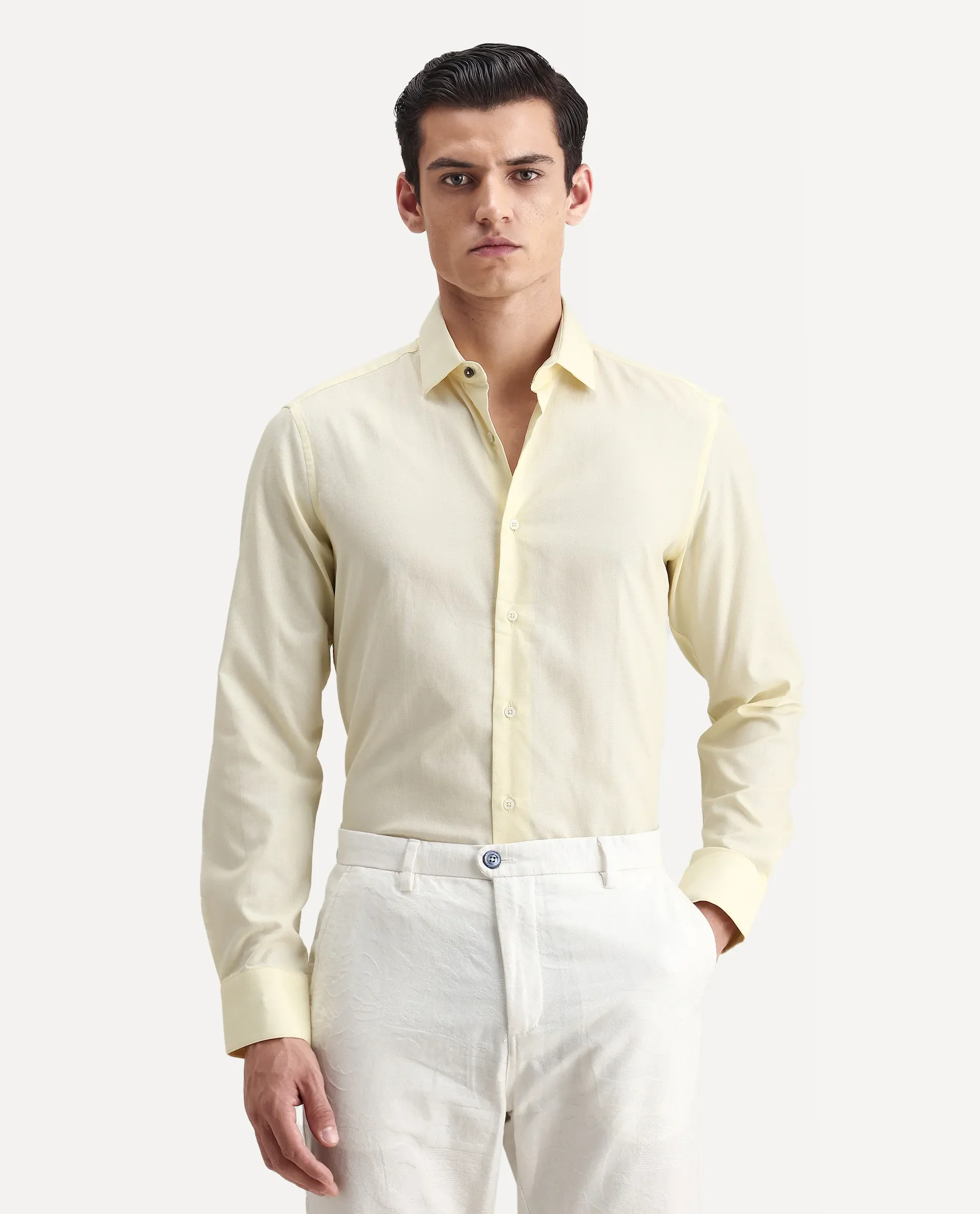 Rare Rabbit Men's Lasko Pastel Yellow Cotton Plain Regular Fit Full Sleeve Collared Shirt - Image 4