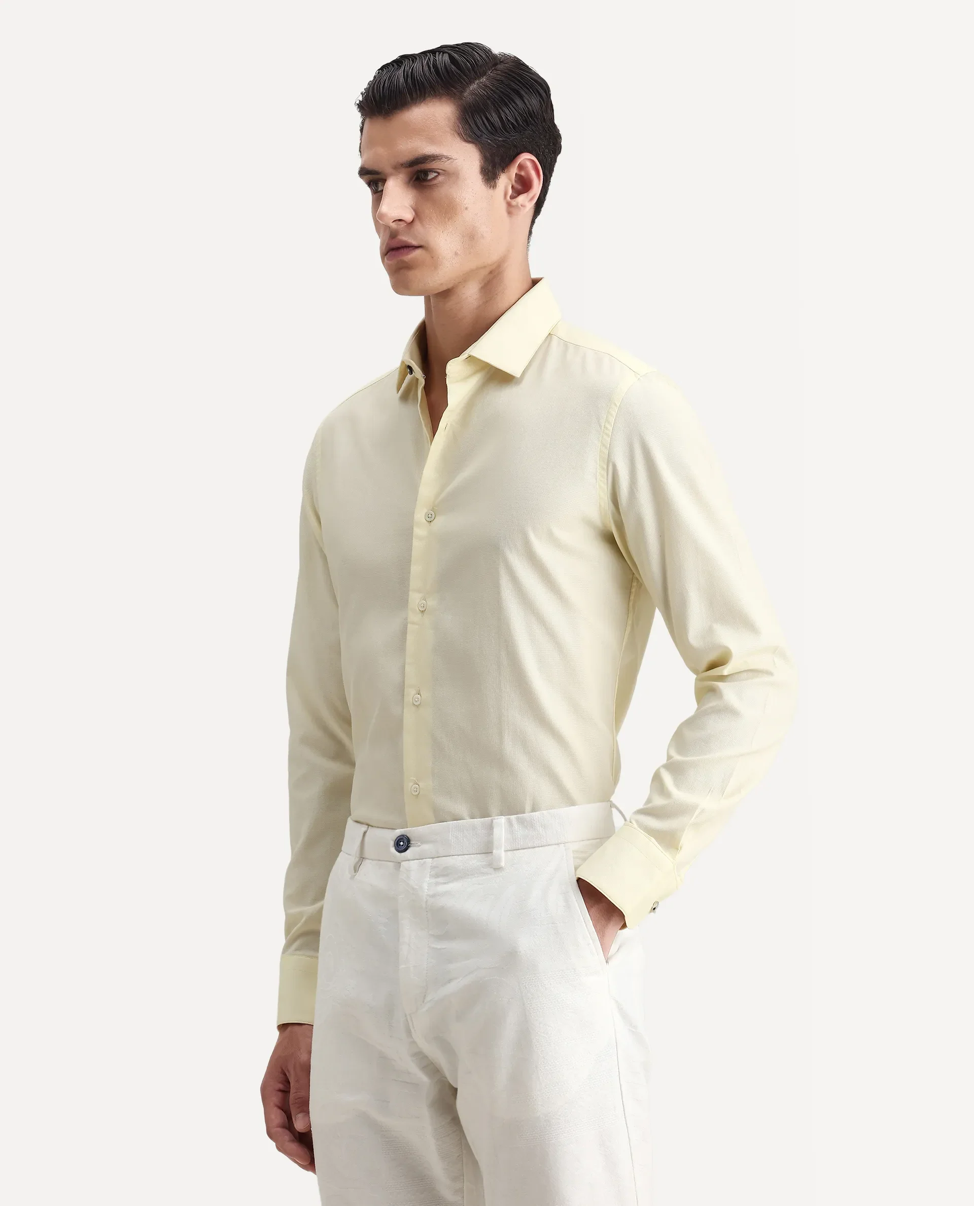 Rare Rabbit Men's Lasko Pastel Yellow Cotton Plain Regular Fit Full Sleeve Collared Shirt - Image 5
