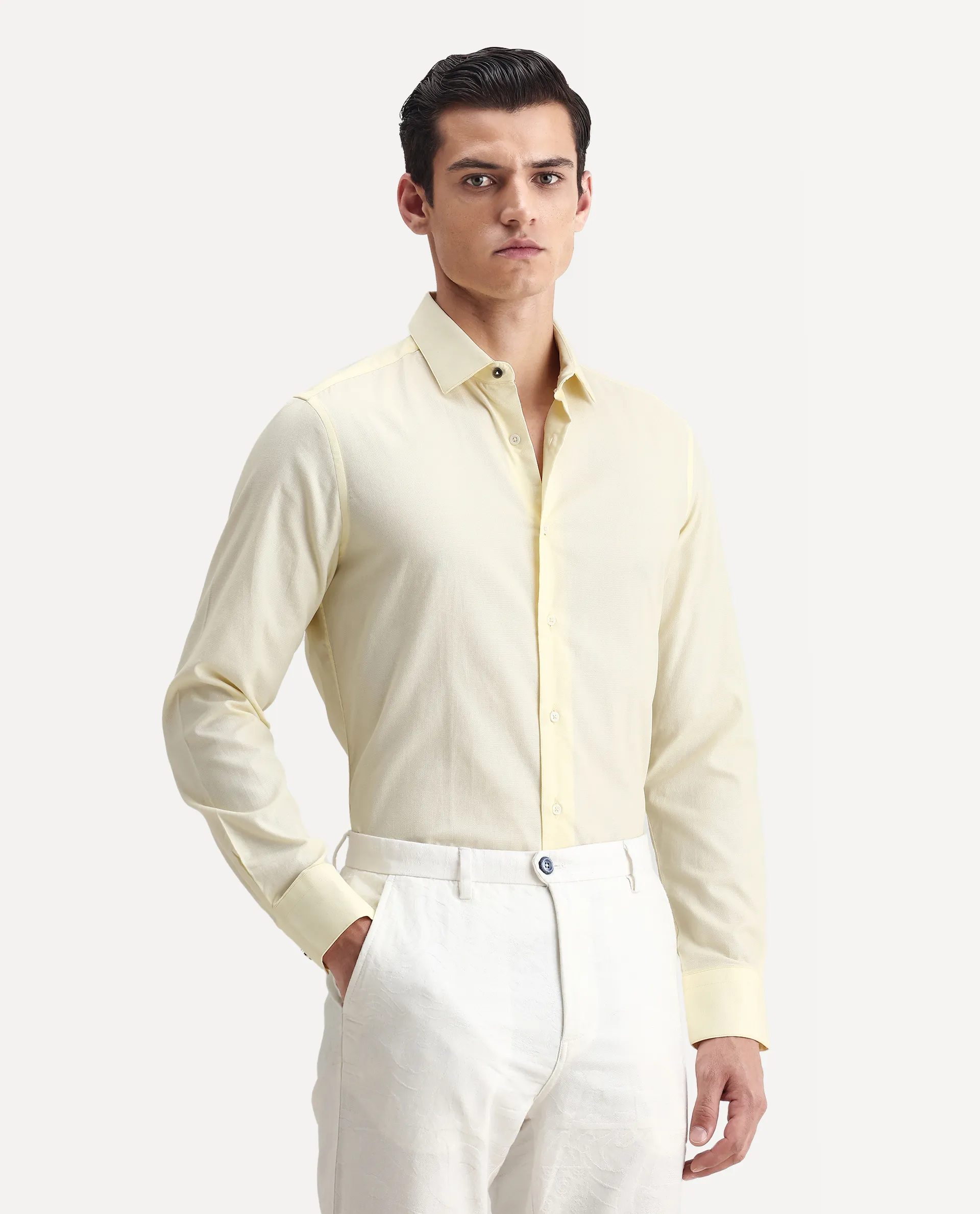 Rare Rabbit Men's Lasko Pastel Yellow Cotton Plain Regular Fit Full Sleeve Collared Shirt - Image 6