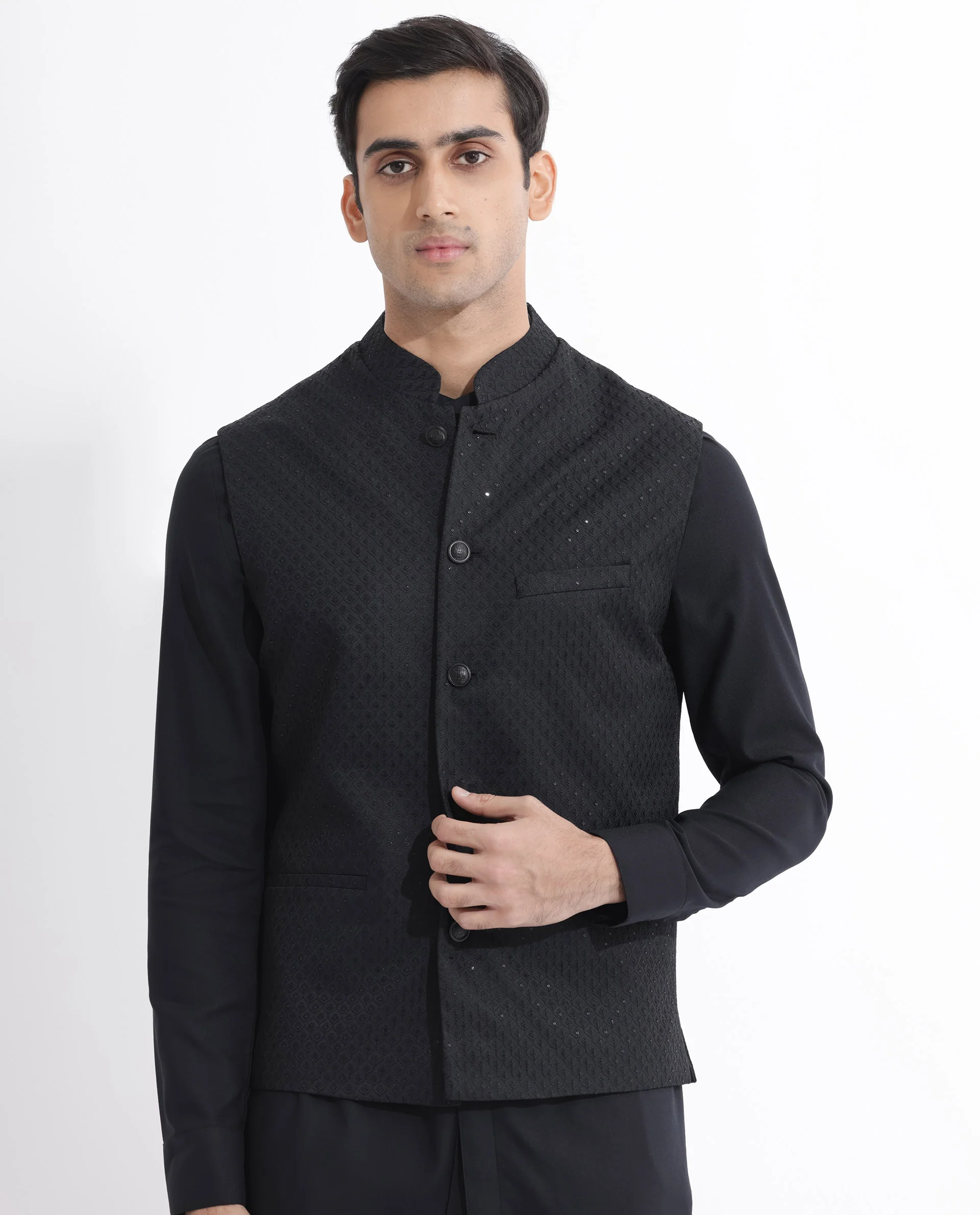 Rare Rabbit Men's Lasmosb Black Embroidered Tailored Fit Sleeveless Mandarin Collar Bandhgala - Image 5