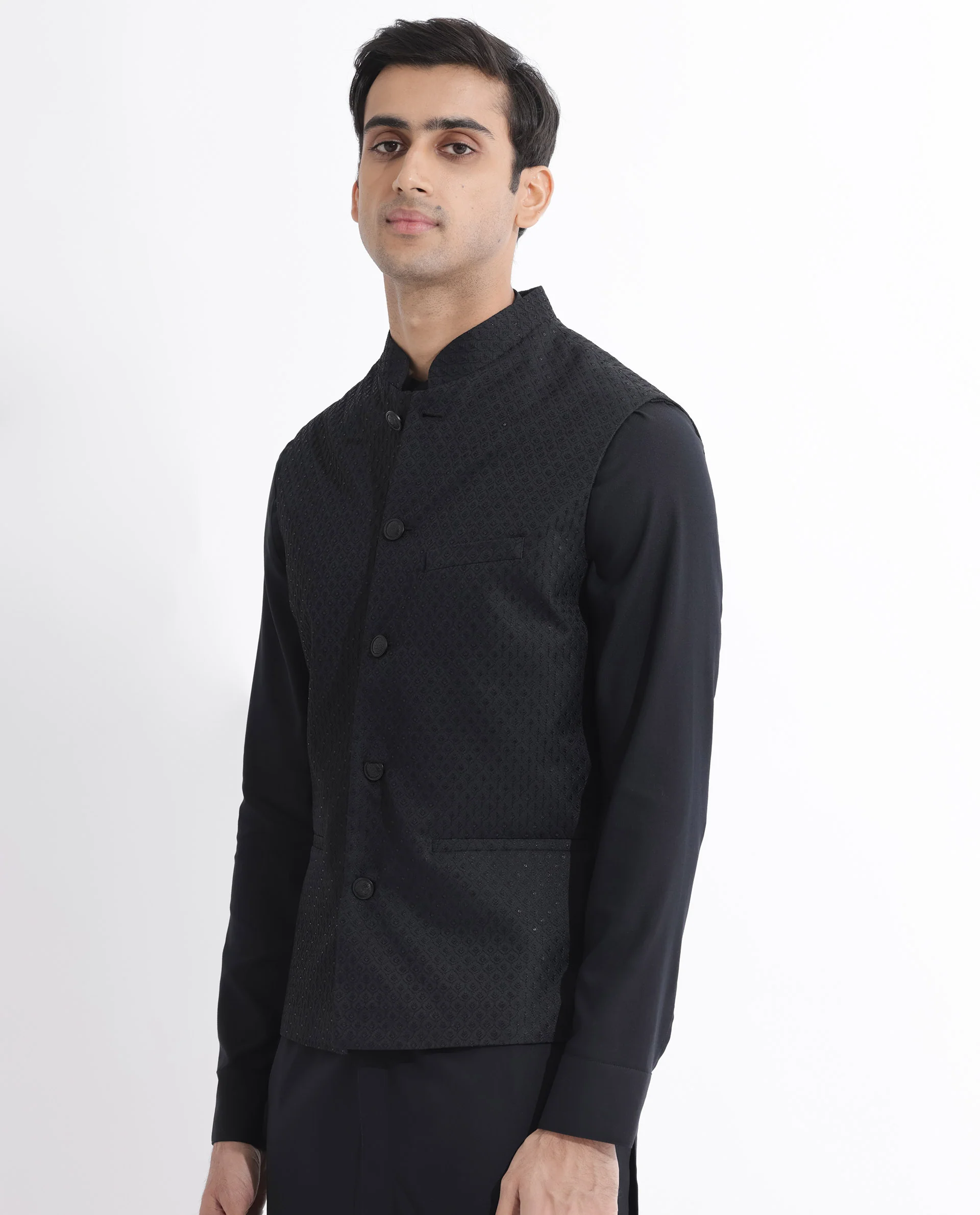 Rare Rabbit Men's Lasmosb Black Embroidered Tailored Fit Sleeveless Mandarin Collar Bandhgala - Image 6