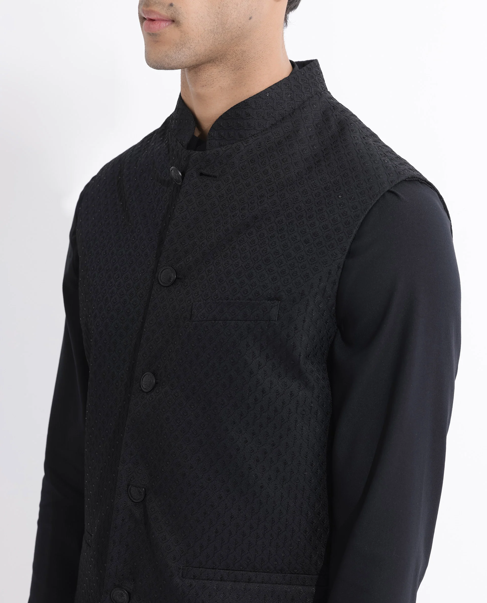 Rare Rabbit Men's Lasmosb Black Embroidered Tailored Fit Sleeveless Mandarin Collar Bandhgala - Image 9