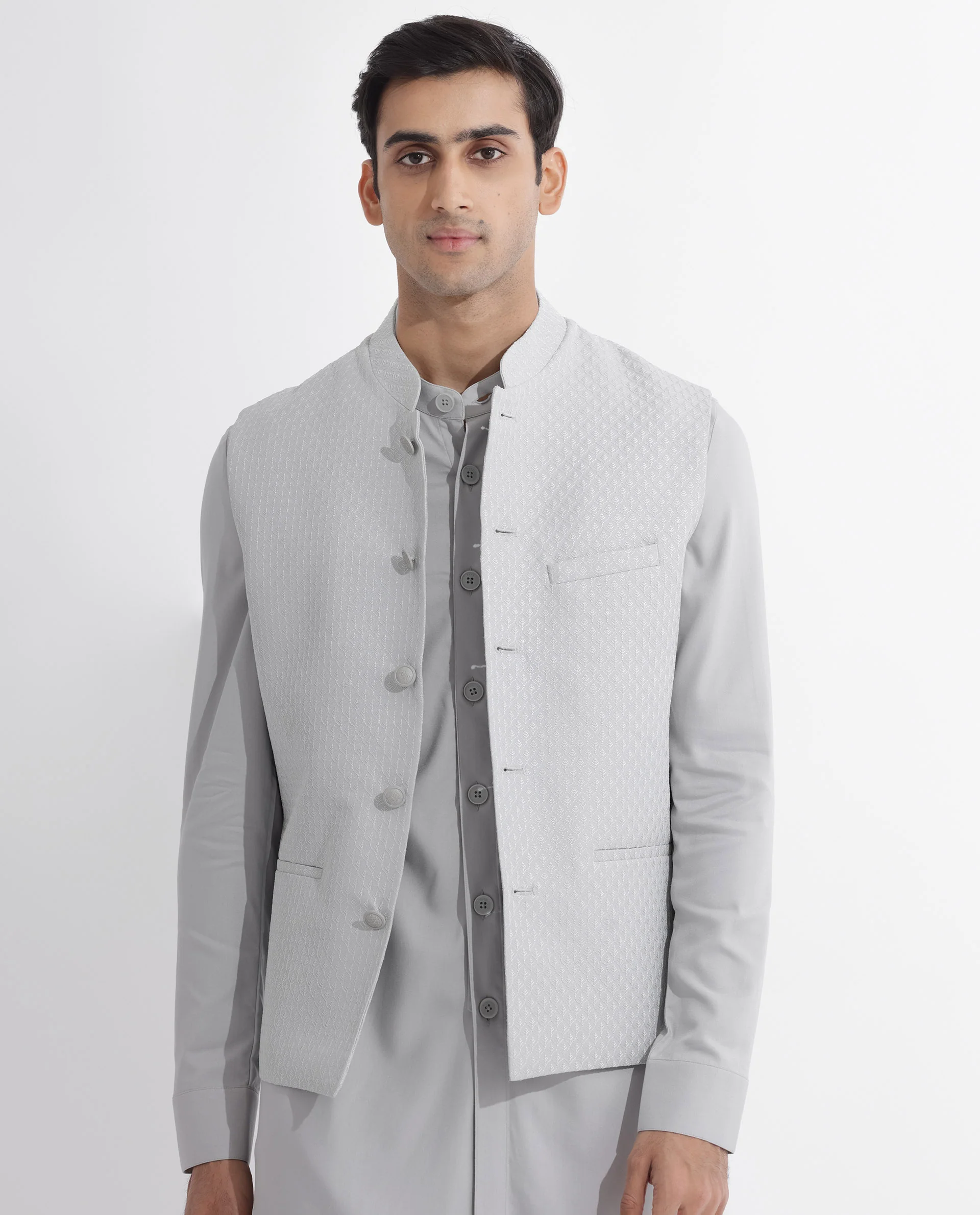 Rare Rabbit Men's Lasmosb Light Grey Embroidered Tailored Fit Sleeveless Mandarin Collar Bandhgala