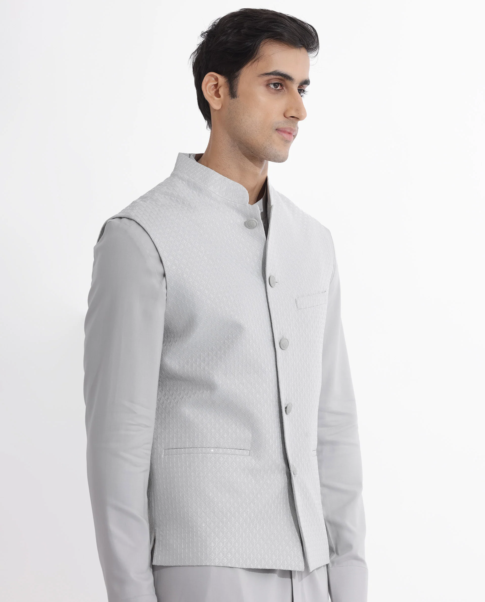 Rare Rabbit Men's Lasmosb Light Grey Embroidered Tailored Fit Sleeveless Mandarin Collar Bandhgala - Image 10