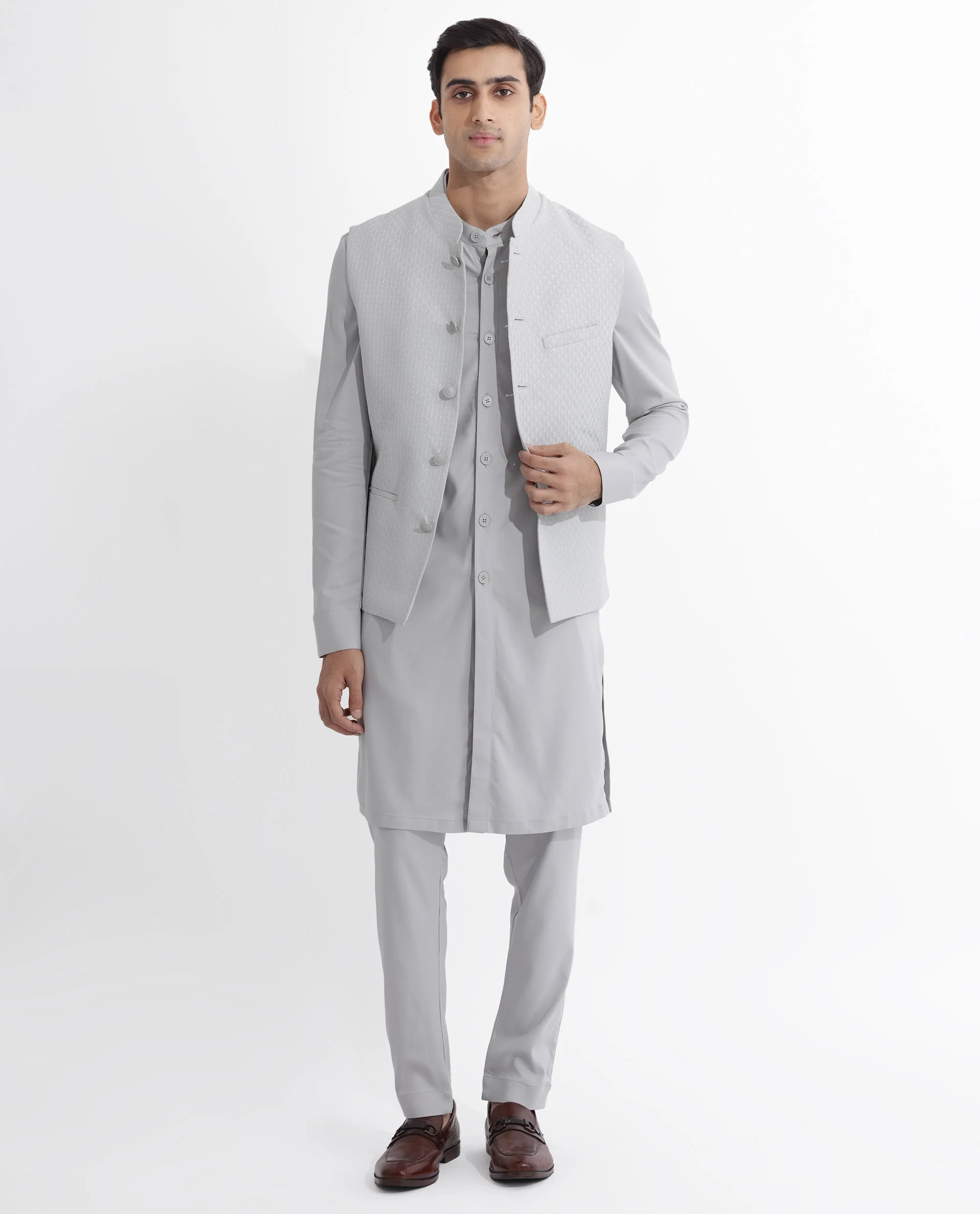 Rare Rabbit Men's Lasmosb Light Grey Embroidered Tailored Fit Sleeveless Mandarin Collar Bandhgala - Image 11