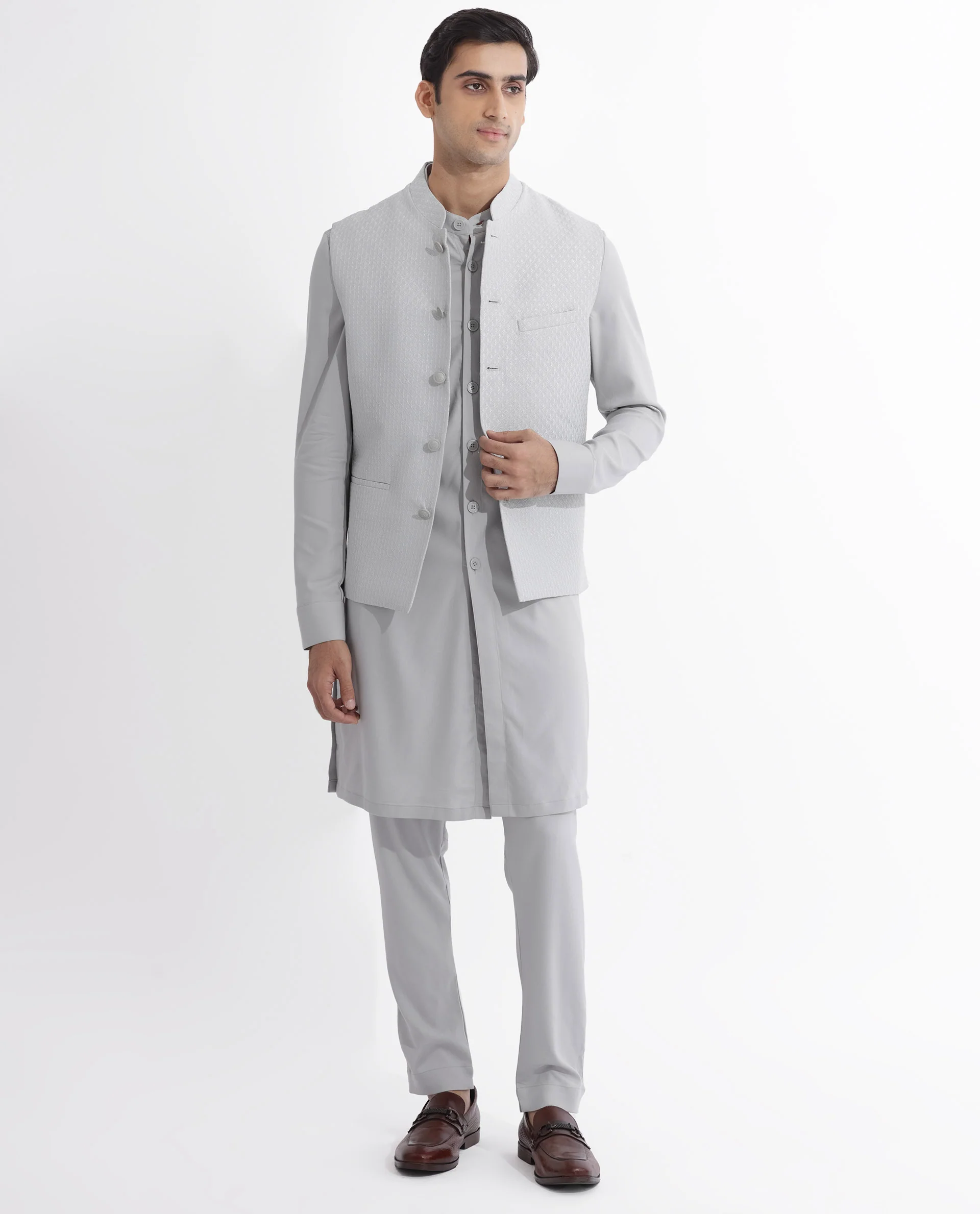 Rare Rabbit Men's Lasmosb Light Grey Embroidered Tailored Fit Sleeveless Mandarin Collar Bandhgala - Image 3