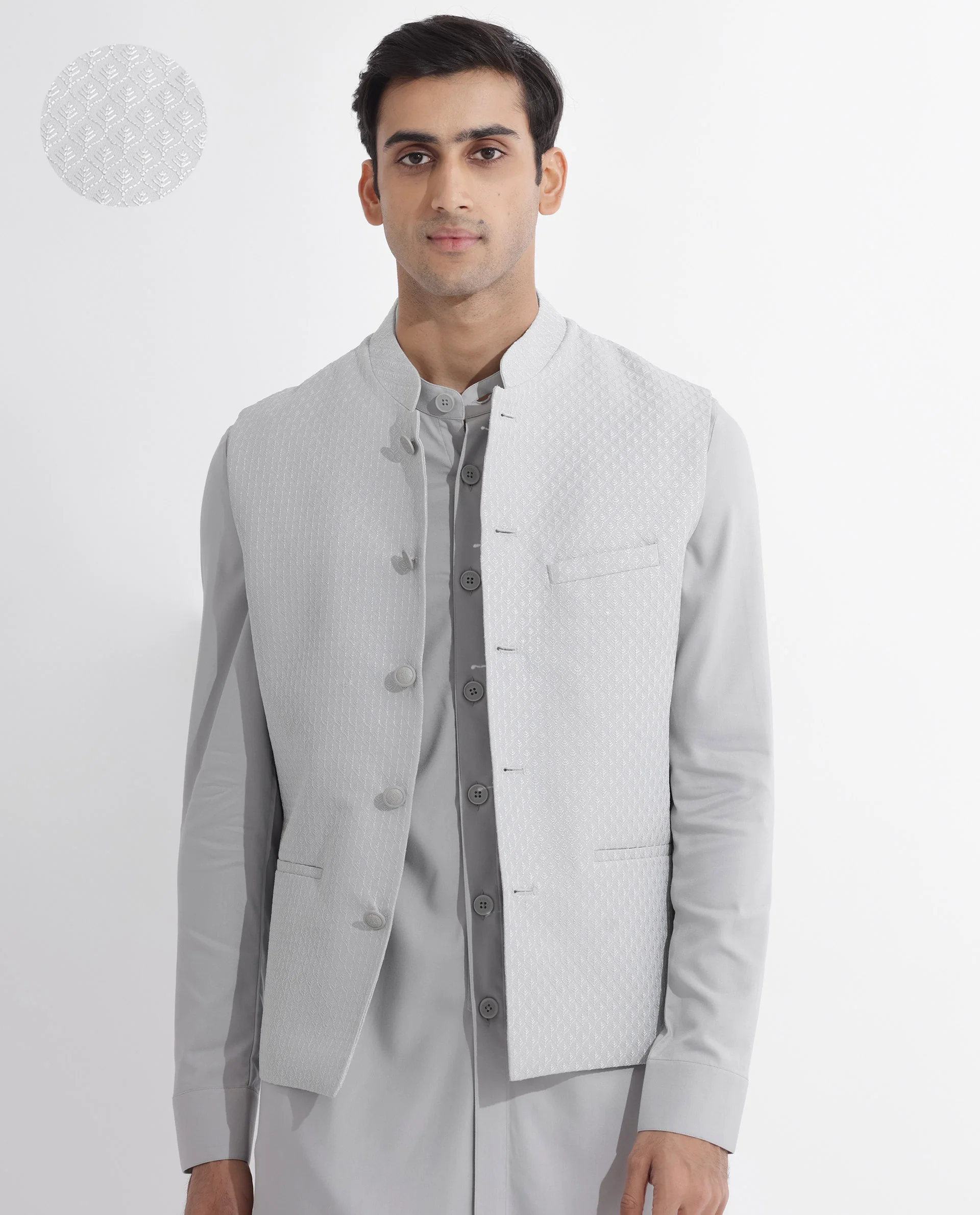 Rare Rabbit Men's Lasmosb Light Grey Embroidered Tailored Fit Sleeveless Mandarin Collar Bandhgala - Image 4
