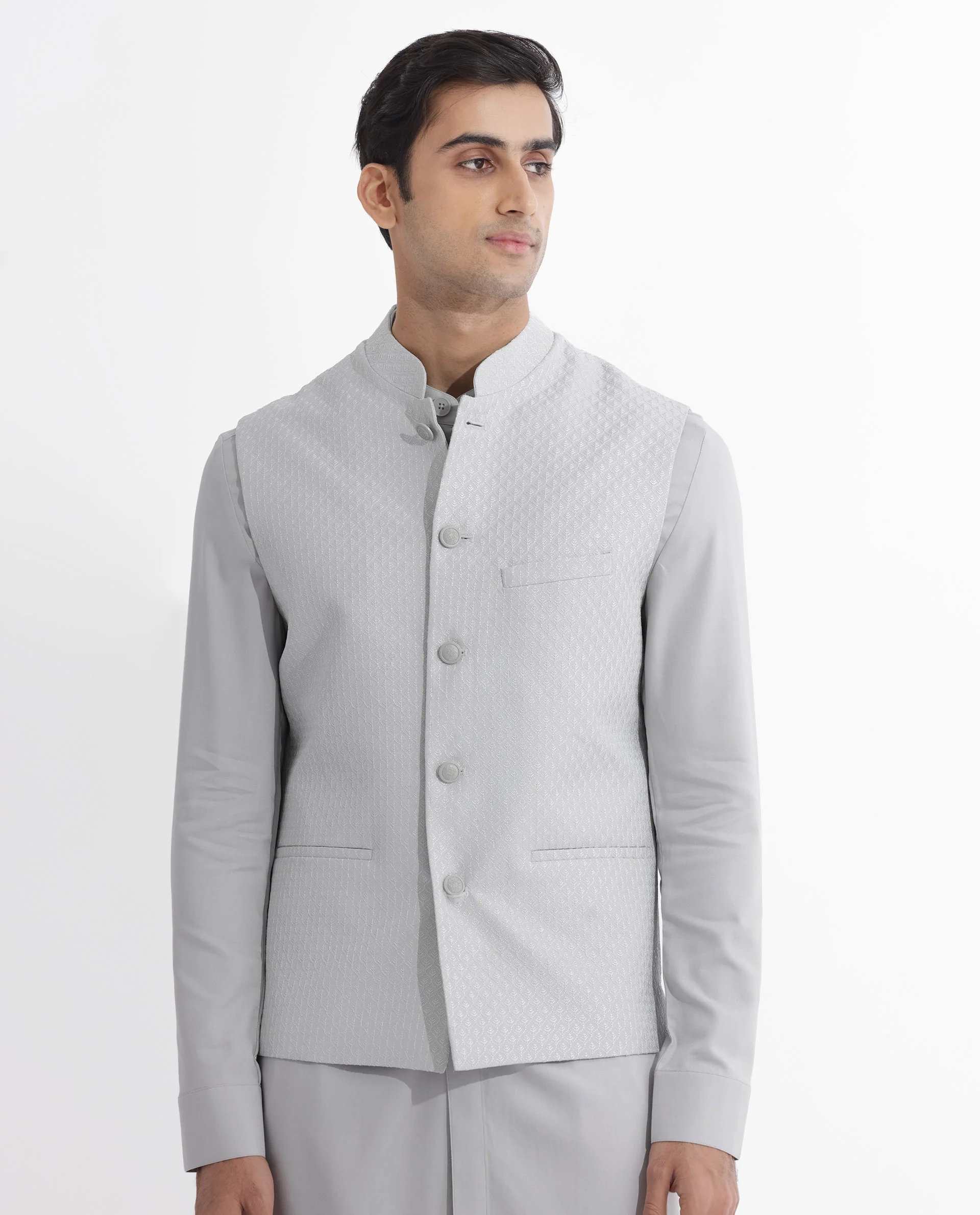Rare Rabbit Men's Lasmosb Light Grey Embroidered Tailored Fit Sleeveless Mandarin Collar Bandhgala - Image 5