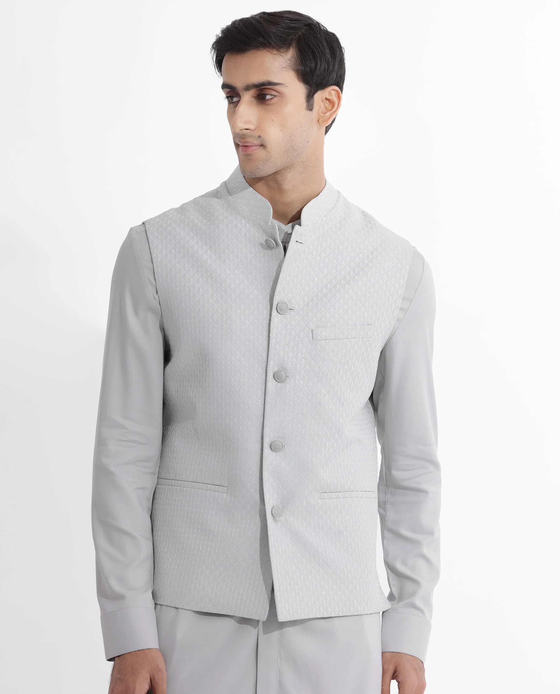 Rare Rabbit Men's Lasmosb Light Grey Embroidered Tailored Fit Sleeveless Mandarin Collar Bandhgala - Image 6